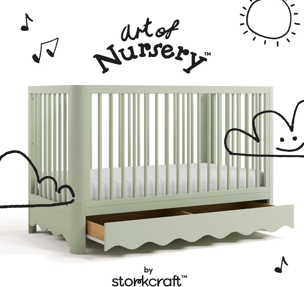 Storkcraft Casablanca Convertible Crib with Drawer and Toddler Guardrail (Sage) – GREENGUARD Gold Certified, Toddler Bed Conversion Kit Included, Fits Standard Crib Mattress, Crib with Storage