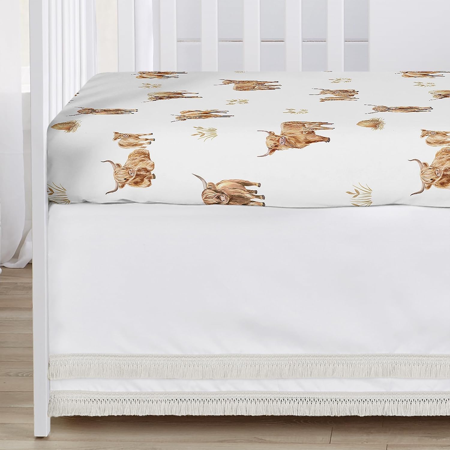 Sweet Jojo Designs 4-Piece Baby Crib Bedding Set (Boho Highland Cow) for Girls/Boys, Infants/Nursery incl. Blanket, Fitted Sheet, Skirt, Diaper Stacker (Taupe Plaid & Farm Animal Watercolor Farmhouse)