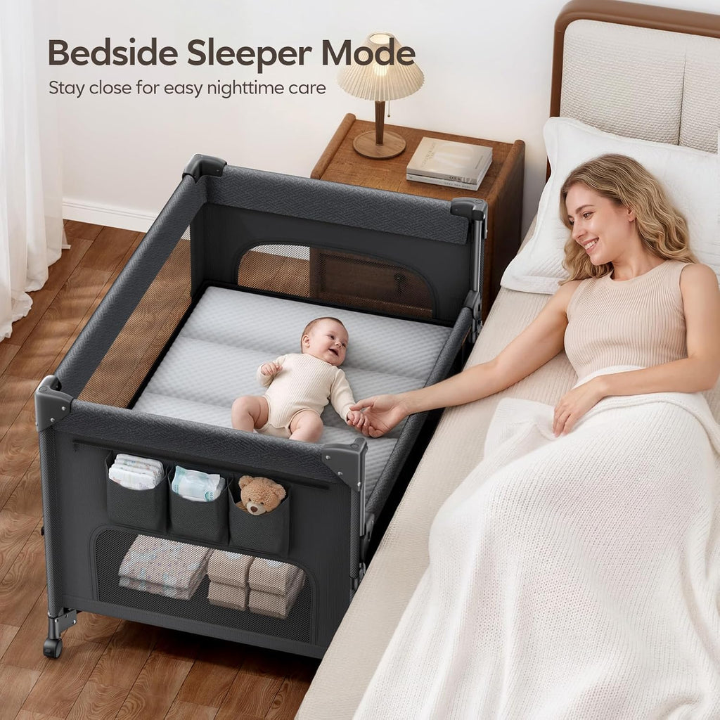 ANGELBLISS Baby Bassinet Bedside Crib, 5-in-1 One-Push Instant Fold Pack and Play with Changing Table, Napper Bassinet, Mattress & Mosquito Net, Portable Playard for Newborns to Toddlers