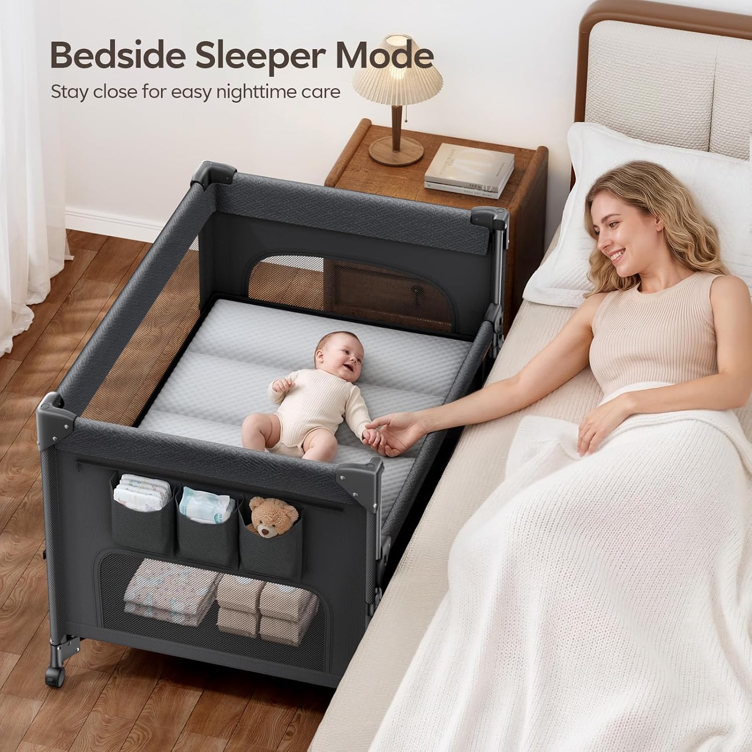 ANGELBLISS Baby Bassinet Bedside Crib, 5-in-1 One-Push Instant Fold Pack and Play with Changing Table, Napper Bassinet, Mattress & Mosquito Net, Portable Playard for Newborns to Toddlers