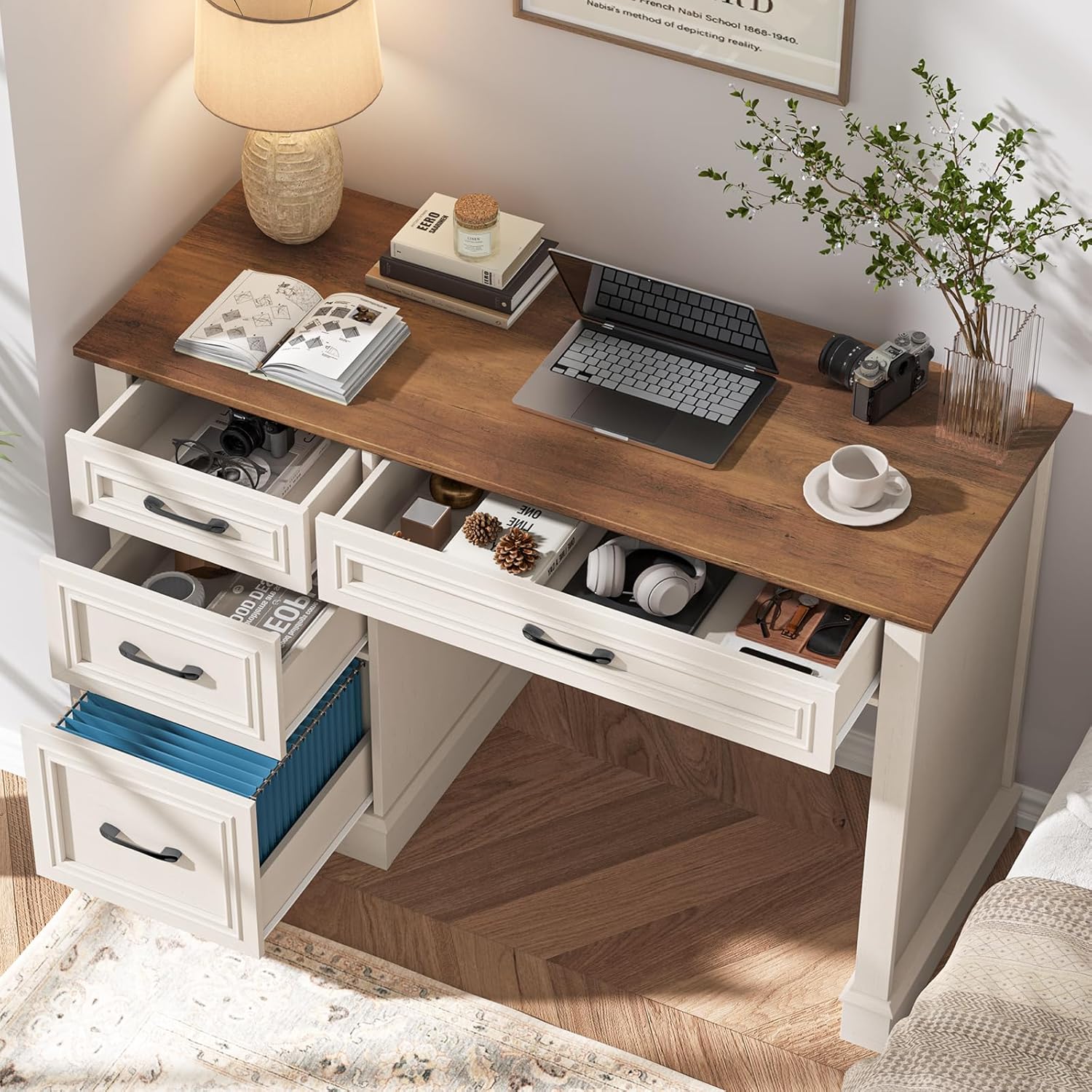 Vabches Farmhouse 47" Executive Desk with 3 Drawers and Adjustable File Drawer, Workstation Computer Desk for Home Office, Study, Unique White.