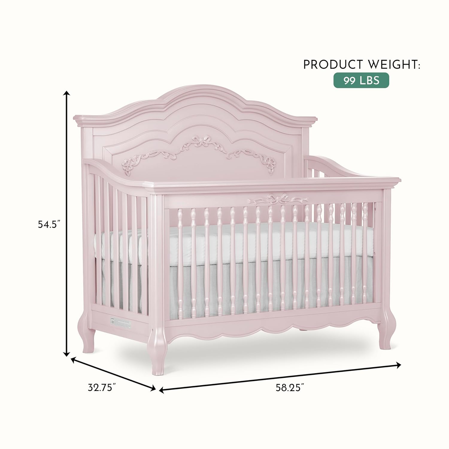 Evolur Aurora 5-in-1 Convertible Full-Size Baby Crib in Dusty Rose, 3 Mattress Heights, Ribbon Bow Scrollwork & Queen Anne Feet, Converts to Toddler, Day & Full-Size Bed
