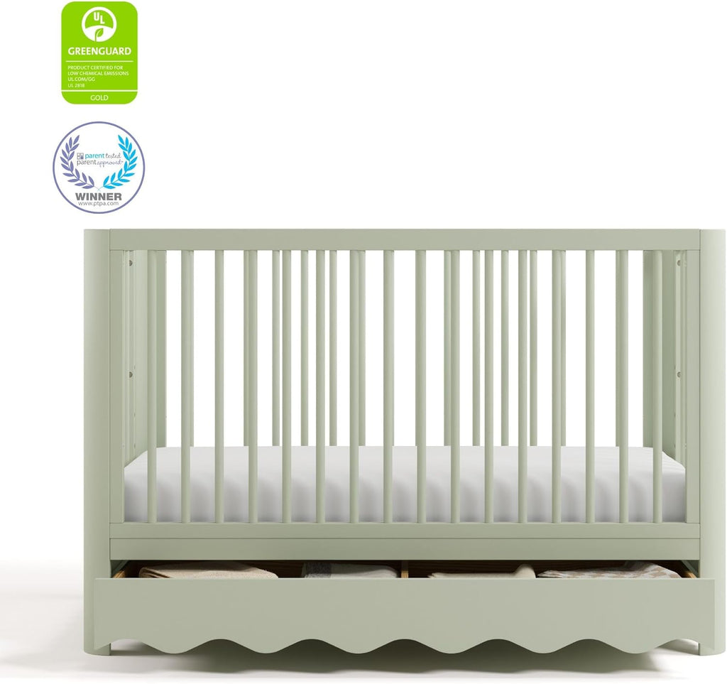 Storkcraft Casablanca Convertible Crib with Drawer and Toddler Guardrail (Sage) – GREENGUARD Gold Certified, Toddler Bed Conversion Kit Included, Fits Standard Crib Mattress, Crib with Storage