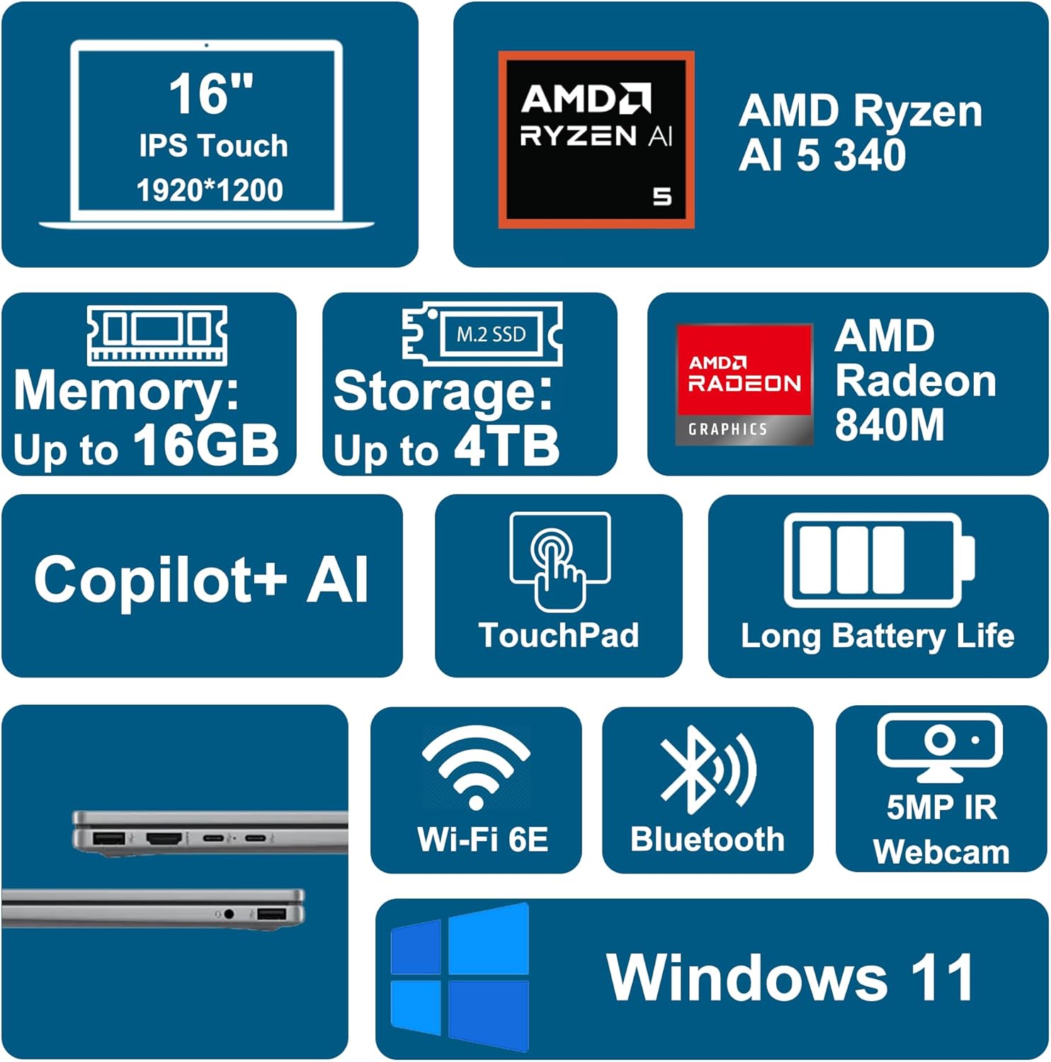 HP OmniBook X Flip 2-in-1 Laptop 16" WUXGA IPS Touch (400nits) AMD 6-core Ryzen AI 5 340 (Up to 50 Tops) 16GB RAM 1TB SSD for Creator Designer Business Professional Win11 ICP Hub