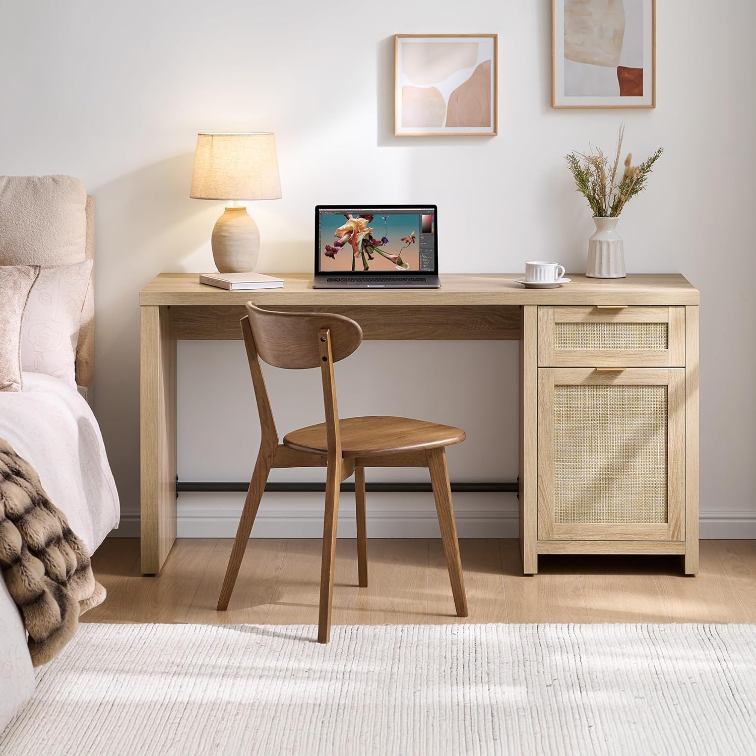 SICOTAS Rattan Home Office Desk with Drawer, 59" Farmhouse Boho Executive Desk with Storage Cabinet, Large Computer Writing Table Vanity Desk for Office, Study, Living Room, Light Oak