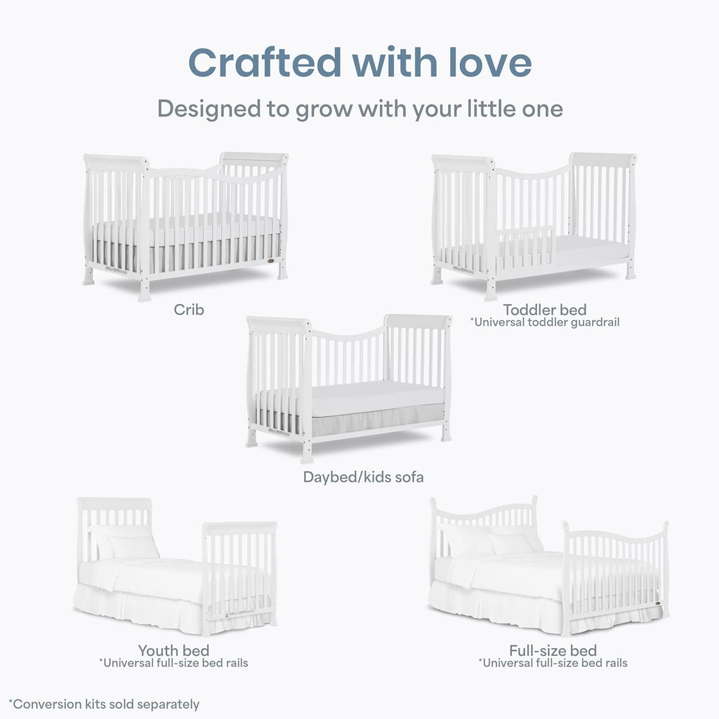 Dream On Me Violet 7-in-1 Convertible Full-Size Baby Crib with Toddler, Day & Full Bed Conversion in White, GreenGuard Gold & BSA, 3 Mattress Heights, Sustainable Pinewoo