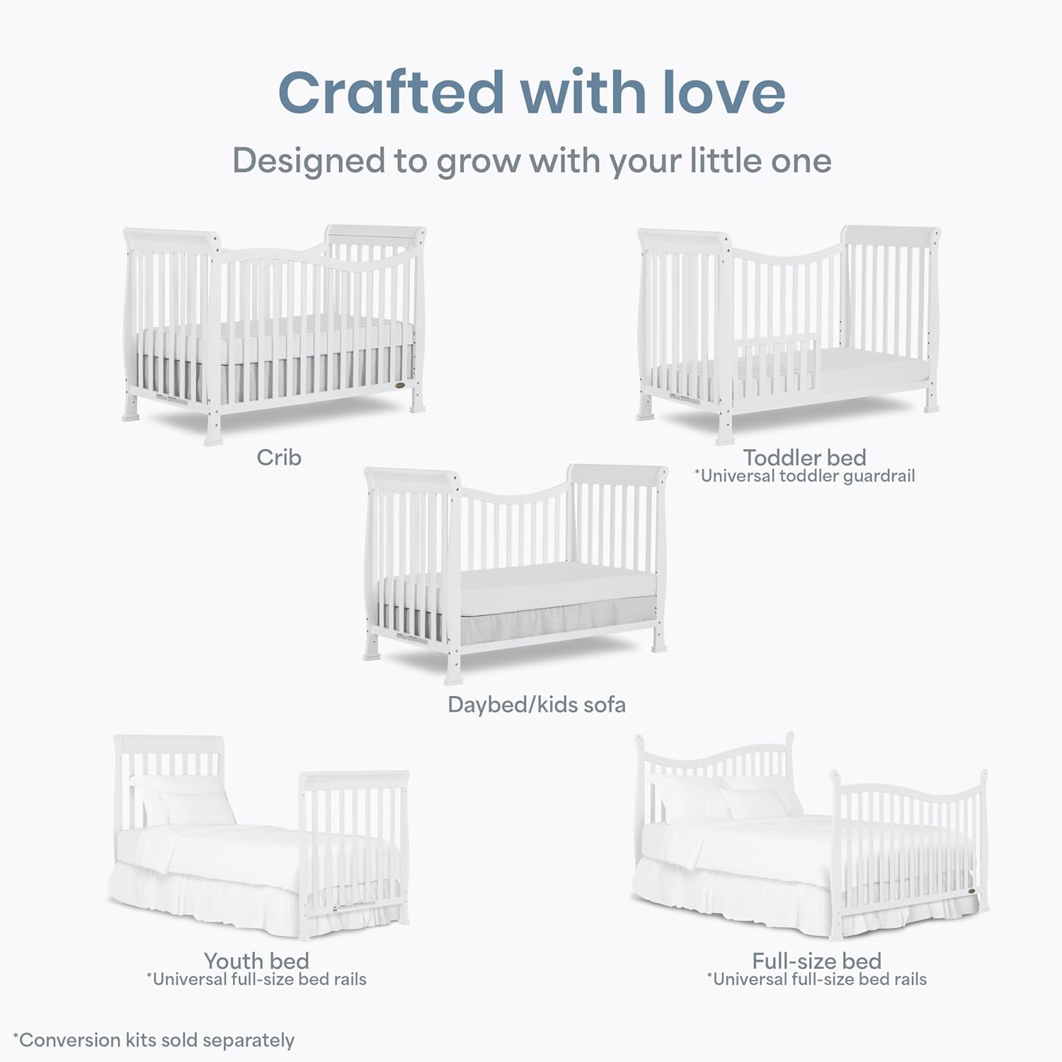 Dream On Me Violet 7-in-1 Convertible Full-Size Baby Crib with Toddler, Day & Full Bed Conversion in White, GreenGuard Gold & BSA, 3 Mattress Heights, Sustainable Pinewoo
