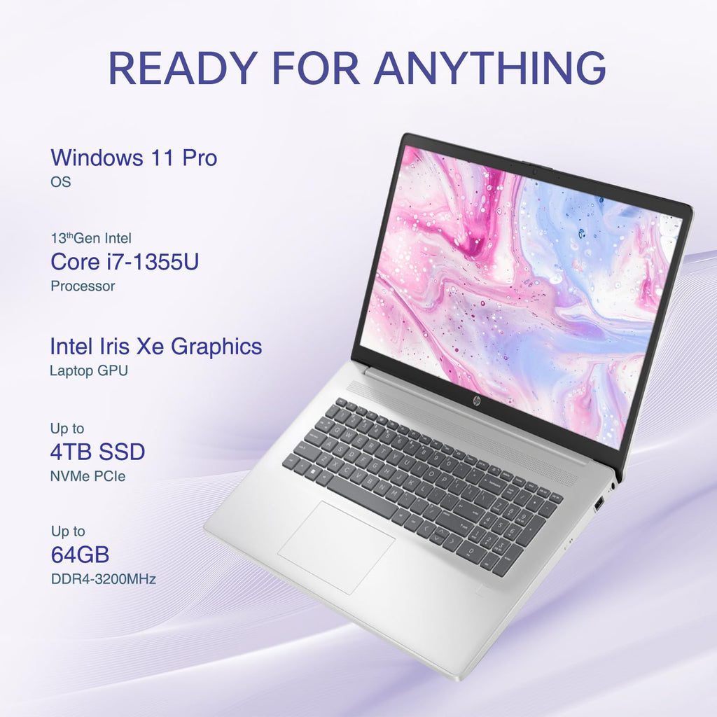 HP 17t Performance Business Laptop, 17.3" FHD, Intel Core i7-1355U, 16GB RAM, 1TB SSD, Fingerprint Reader, HDMI, SuperSpeed USB, Wi-Fi 6, Backlit Keyboard, Windows 11 Pro, Silver