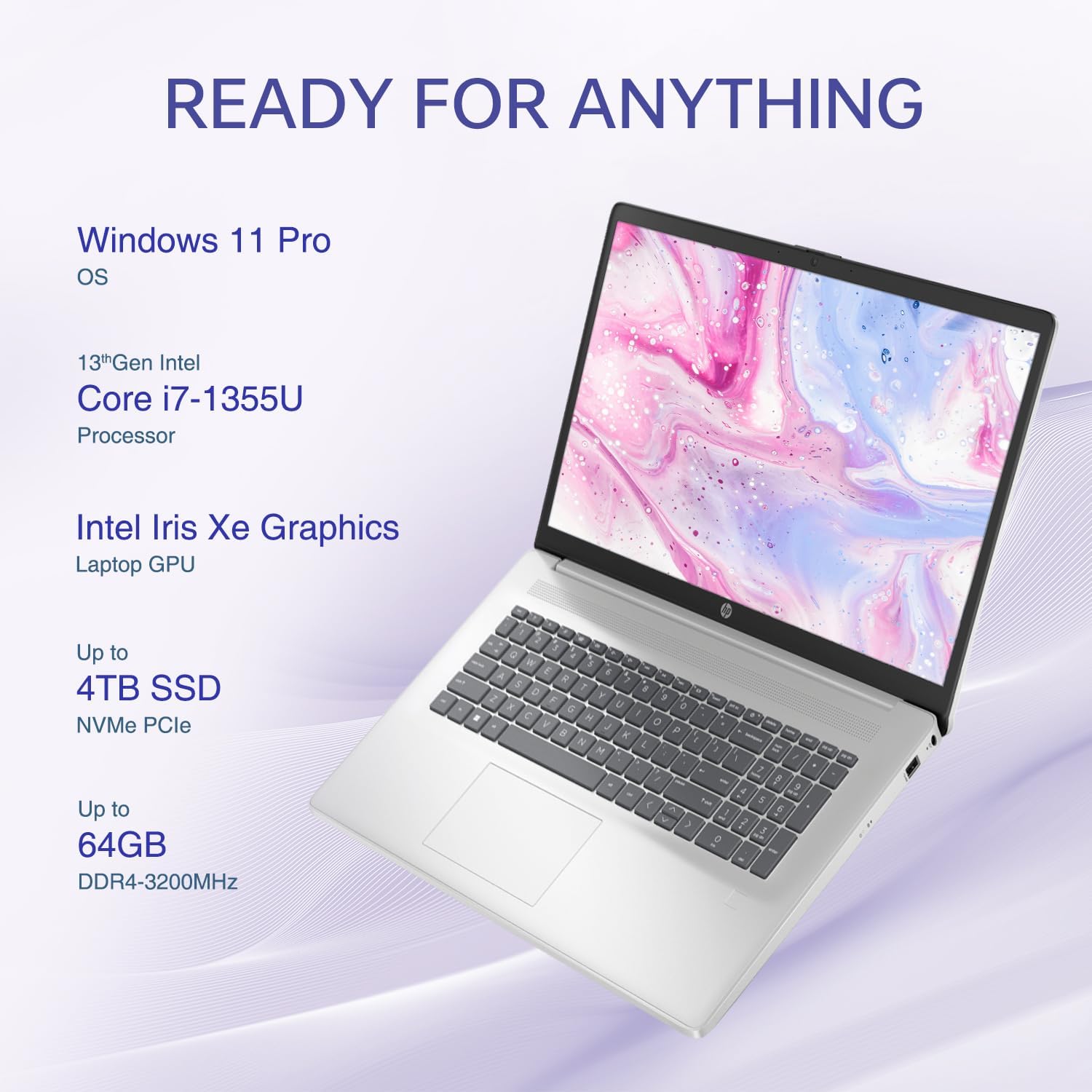 HP 17t Performance Business Laptop, 17.3" FHD, Intel Core i7-1355U, 16GB RAM, 1TB SSD, Fingerprint Reader, HDMI, SuperSpeed USB, Wi-Fi 6, Backlit Keyboard, Windows 11 Pro, Silver