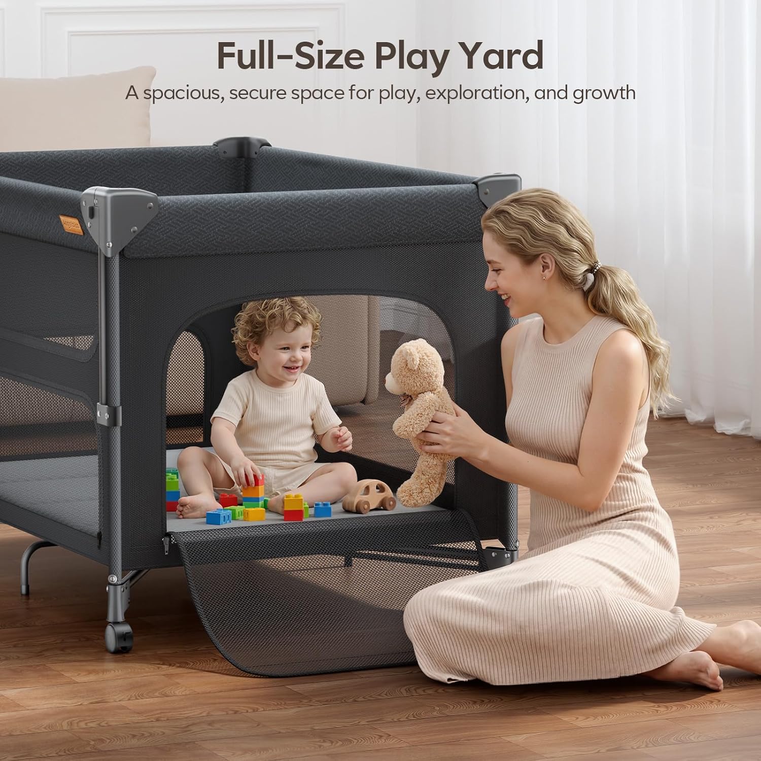 ANGELBLISS Baby Bassinet Bedside Crib, 5-in-1 One-Push Instant Fold Pack and Play with Changing Table, Napper Bassinet, Mattress & Mosquito Net, Portable Playard for Newborns to Toddlers
