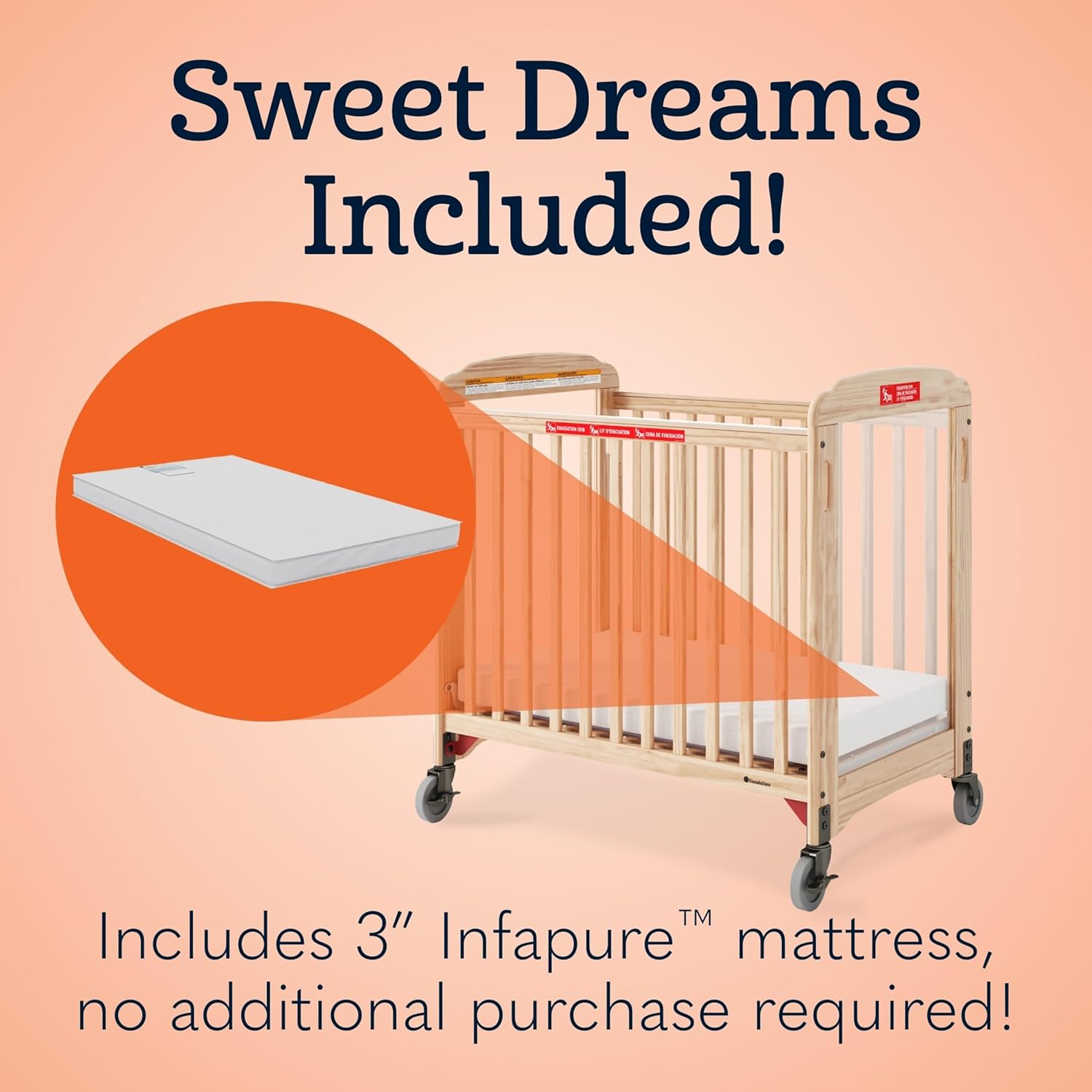 Foundations First Responder Evacuation Fixed-Side Daycare Crib, Features Clearview Panels, Includes Evacuation Frame, 4" Casters, and 3-inch Ultradurable Foam Mattress, Natural
