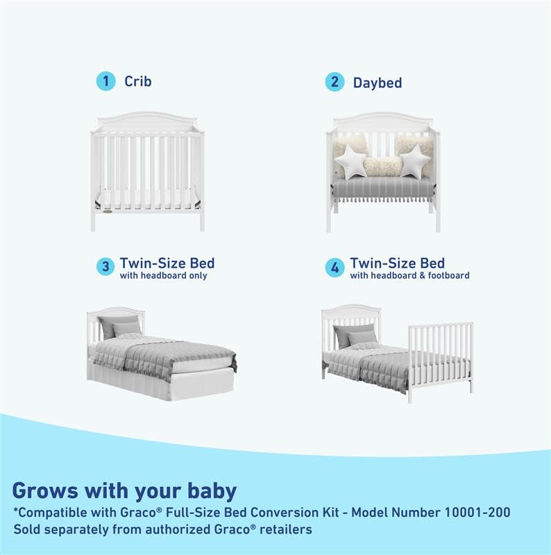 Graco Stella 4-in-1 Convertible Mini Crib with Bonus Mattress – Includes Bonus 2.75 Inch Thick Mattress with Water-Resistant Cover, Converts to Twin Bed, Ideal Crib for Small Spaces (White)