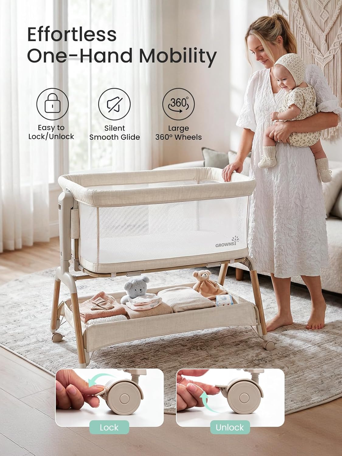 GROWNSY 5-in-1 Baby Bassinet Bedside Sleeper with Gentle Rocking Mode, 6 Adjustable Heights, Full Breathable Mesh, Convertible to Portable Crib, Bassinets with Mattress & Wheels, Beige