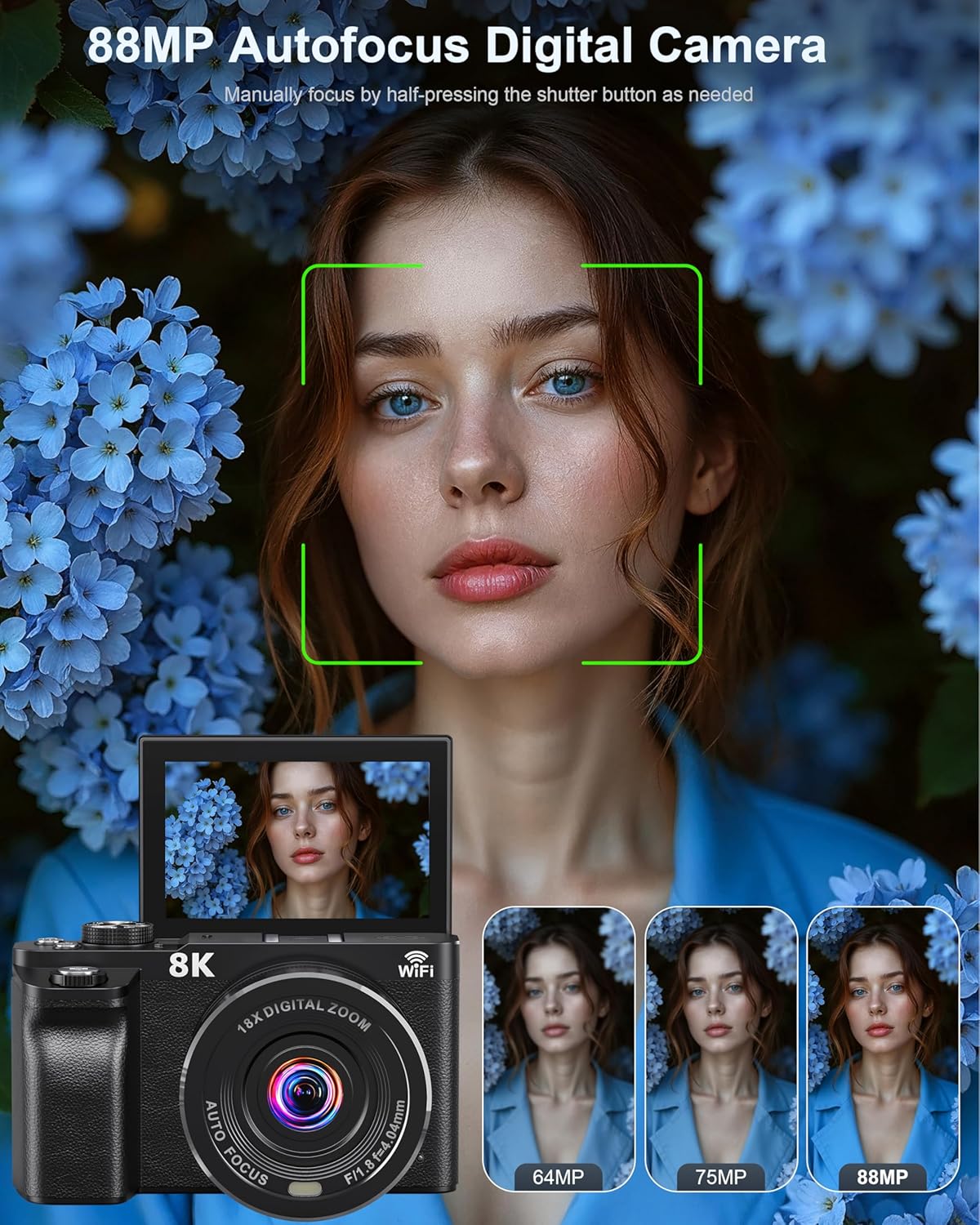 8K Digital Camera, 88MP Cameras for Photography, WiFi Vlogging Camera for YouTube with 3" 180° Flip Screen, 18X Zoom UHD Autofocus Video Camara with Lens Hood, 64GB Card