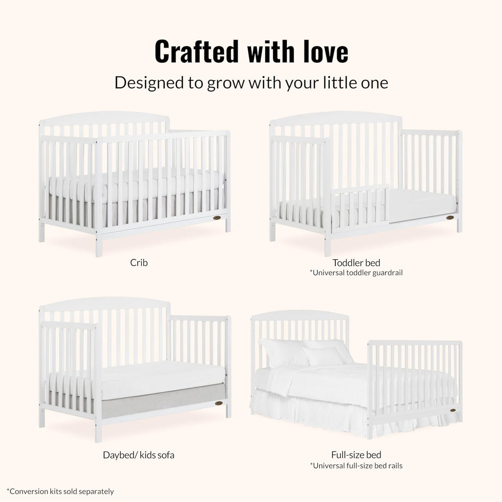 Dream On Me Odelle 5-in-1 Convertible Full-Size Baby Crib in White, GreenGuard Gold & JPMA Converts to Toddler, Day & Full-Size Bed, Sustainable Pinewood, 3 Mattress Heights