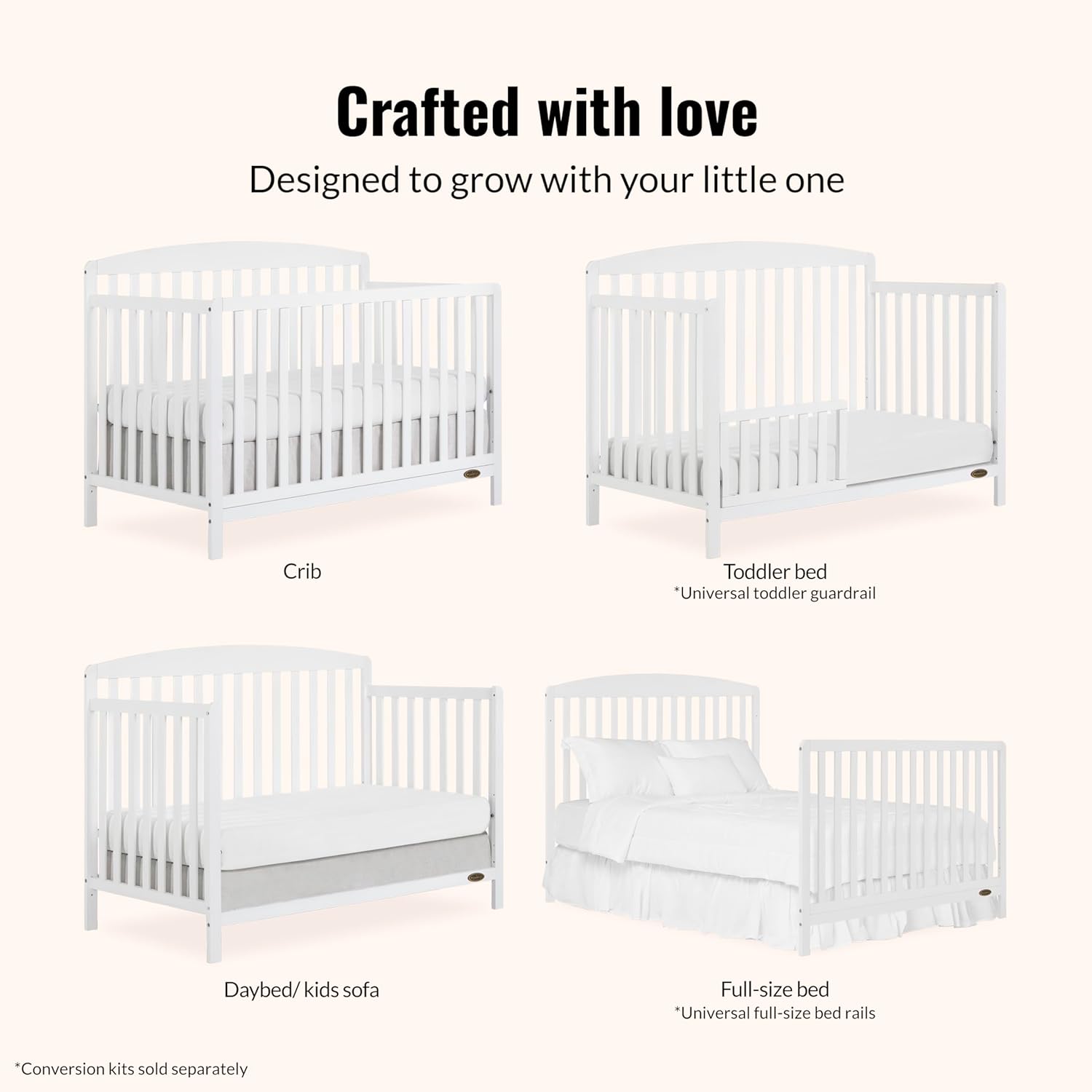 Dream On Me Odelle 5-in-1 Convertible Full-Size Baby Crib in White, GreenGuard Gold & JPMA Converts to Toddler, Day & Full-Size Bed, Sustainable Pinewood, 3 Mattress Heights