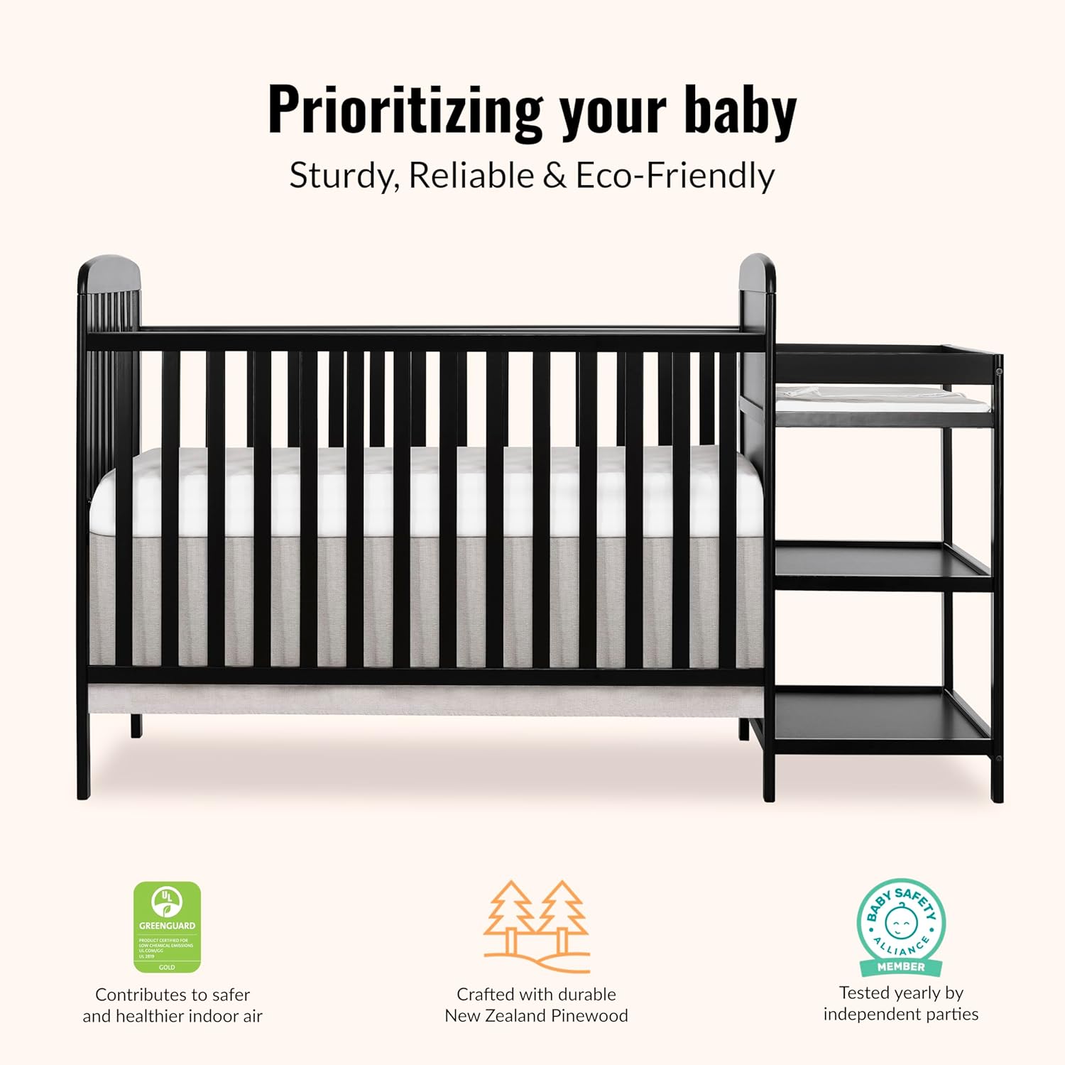 Dream On Me Anna 3-in-1 Convertible Full-Size Baby Crib & Changer with Storage in Black, GreenGuard Gold & BSA, Pinewood, Converts to Day & Toddler Bed, 3 Mattress Heights, 1″ Changing Pad