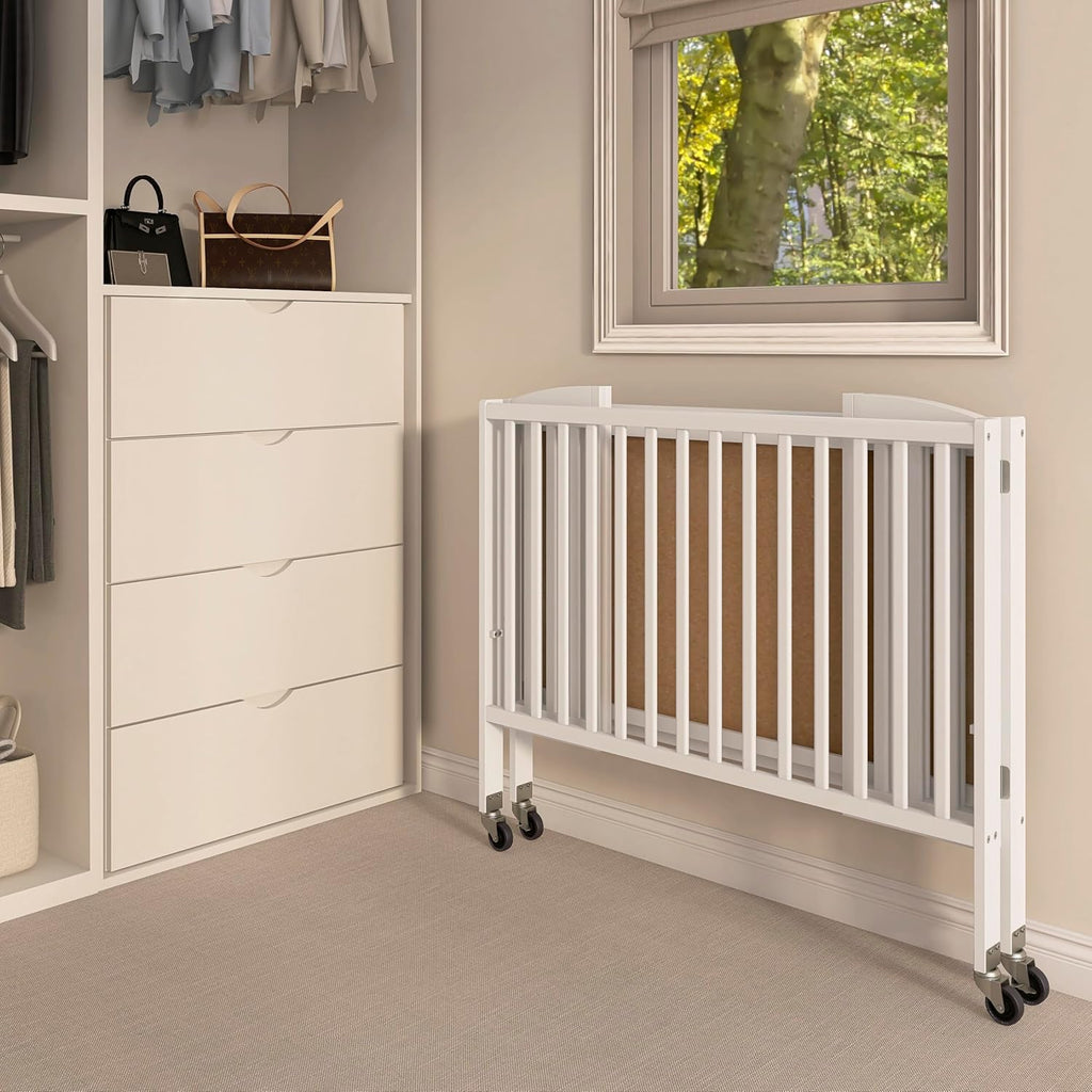 Dream On Me Folding Full Size Convenience Baby Crib with Durable Metal Wheels, Portable Space-Saving Design, 2 Adjustable Heights, Easy Fold Flat Storage, GREENGUARD Gold & BSA Certified, White
