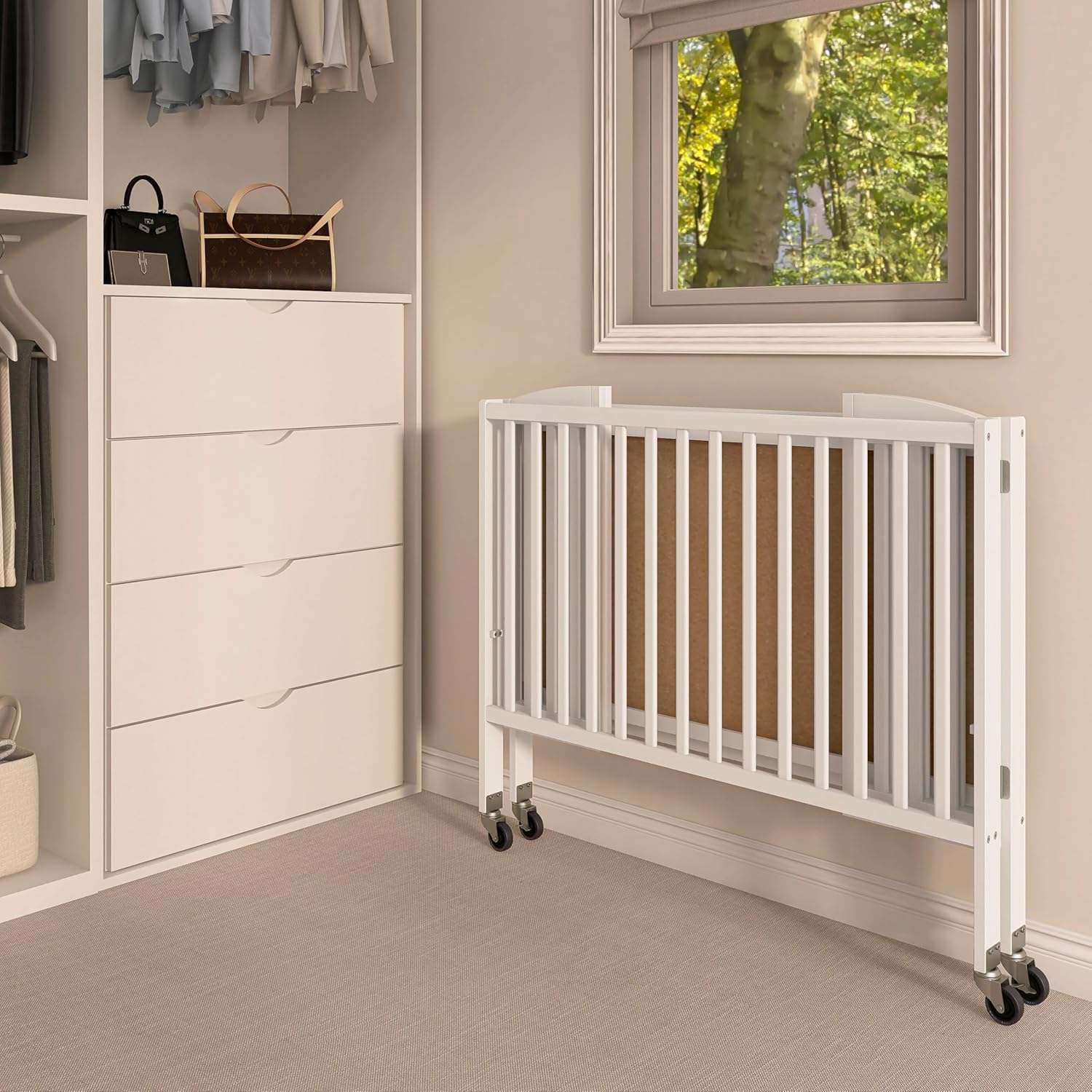 Dream On Me Folding Full Size Convenience Baby Crib with Durable Metal Wheels, Portable Space-Saving Design, 2 Adjustable Heights, Easy Fold Flat Storage, GREENGUARD Gold & BSA Certified, White