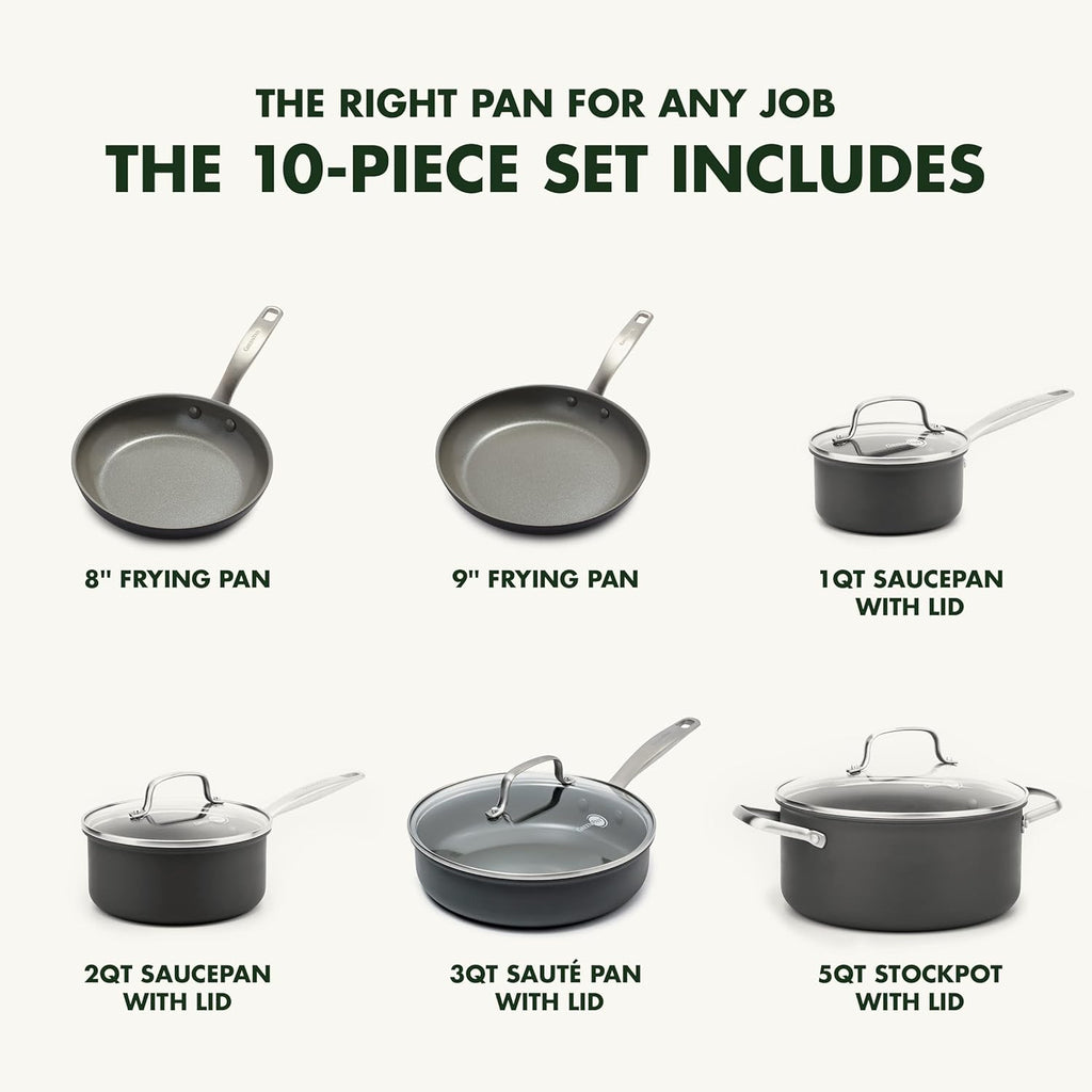 GreenPan Chatham Hard Anodized Healthy Ceramic Nonstick 10 Piece Cookware Pots and Pans Set, Frying Pan Skillets, Saucepans, Saute Pan, Stockpot, Lids, PFAS-Free, Dishwasher & Oven Safe, Gray