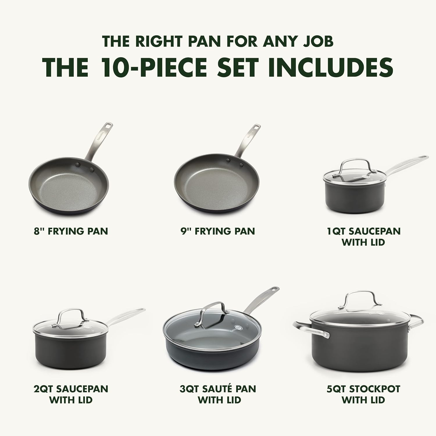GreenPan Chatham Hard Anodized Healthy Ceramic Nonstick 10 Piece Cookware Pots and Pans Set, Frying Pan Skillets, Saucepans, Saute Pan, Stockpot, Lids, PFAS-Free, Dishwasher & Oven Safe, Gray