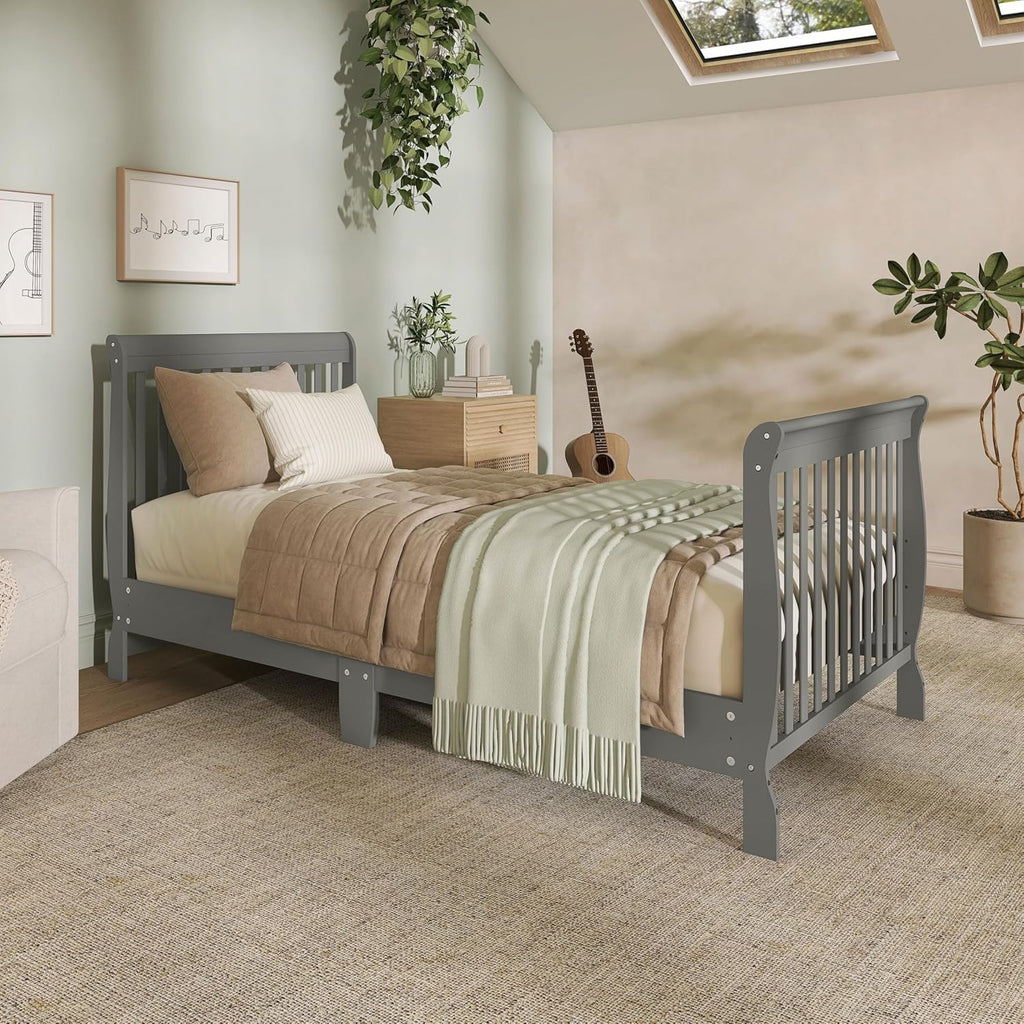 Dream On Me Chelsea 5-in-1 Convertible Full-Size Baby Crib in Steel Grey, GreenGuard Gold & BSA, Pinewood, 4 Mattress Heights, Converts to Toddler, Day & Full-Size Bed, Modern Classic Nursery