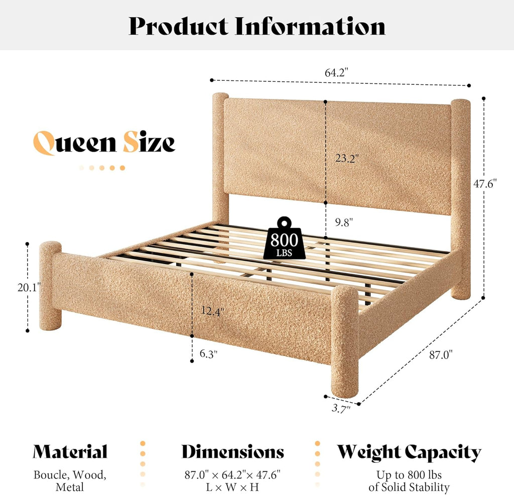 AMERLIFE Queen Boucle Cloud Upholstered Bed Frame with Cylinder Headboard, Modern Platform Structure, Sherpa Boucle Soft Design, No Box Spring Needed, Khaki
