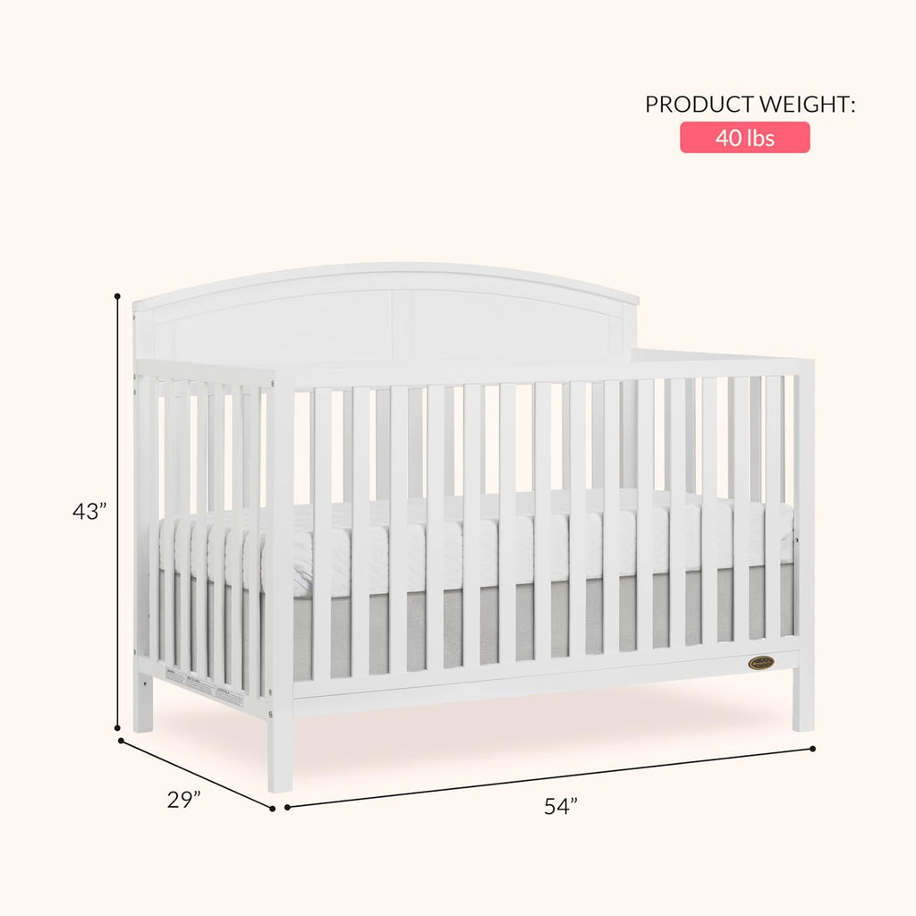 Dream On Me Storybrooke 5-in-1 Convertible Full-Size Baby Crib, GreenGuard Gold & BSA Certified, Convert to Toddler, Day & Full-Size Bed Sustainable Pinewood, 3 Mattress Height Settings - White