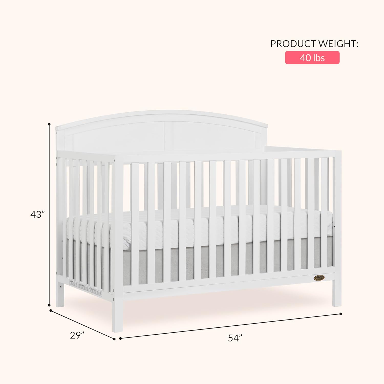 Dream On Me Storybrooke 5-in-1 Convertible Full-Size Baby Crib, GreenGuard Gold & BSA Certified, Convert to Toddler, Day & Full-Size Bed Sustainable Pinewood, 3 Mattress Height Settings - White