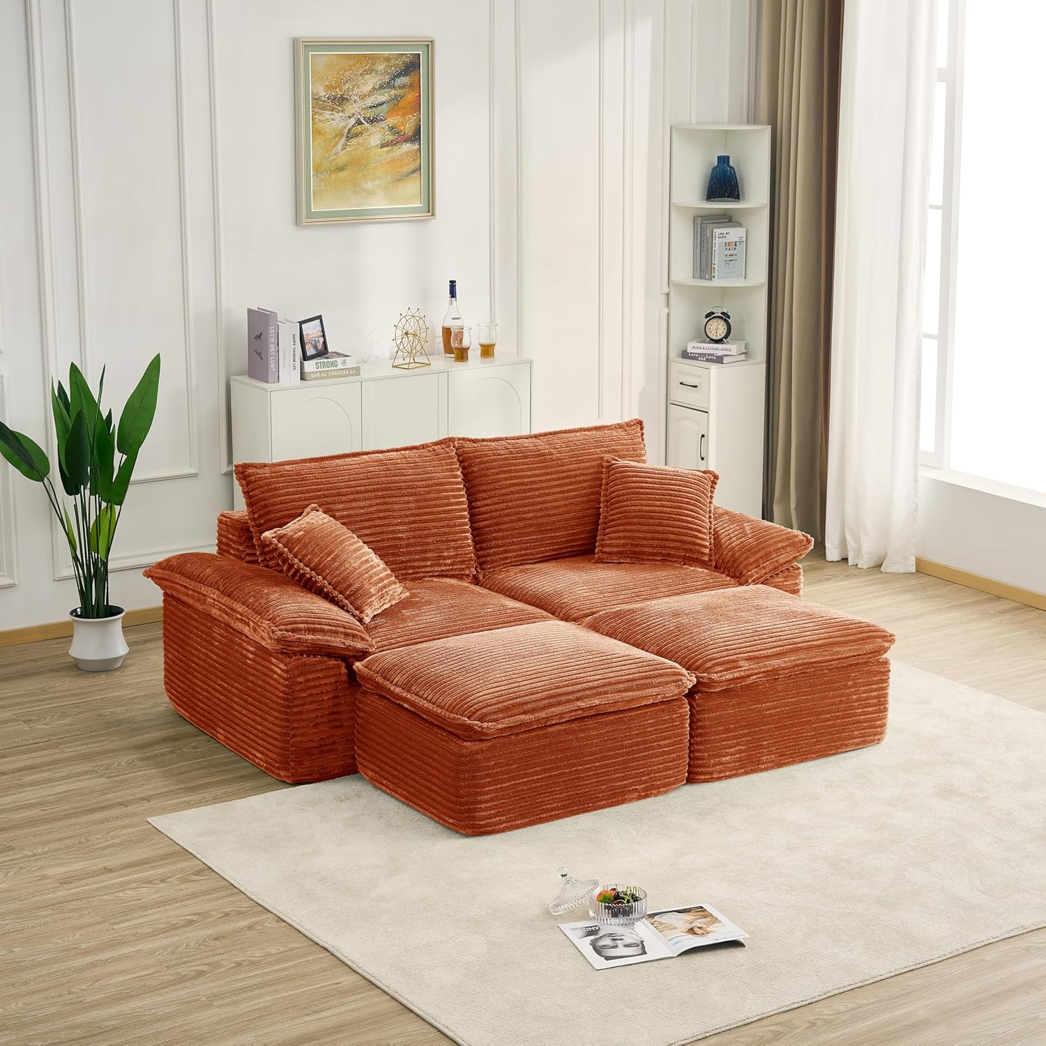 Oversized Double Sofa Chair with Movable 2-Layer Ottomans, Corduroy Chaise Lounge Chair with Armrests, Pillows, Oversized Accent Chairs Couch for Living Room, Bedroom, No Assembly (Orange)