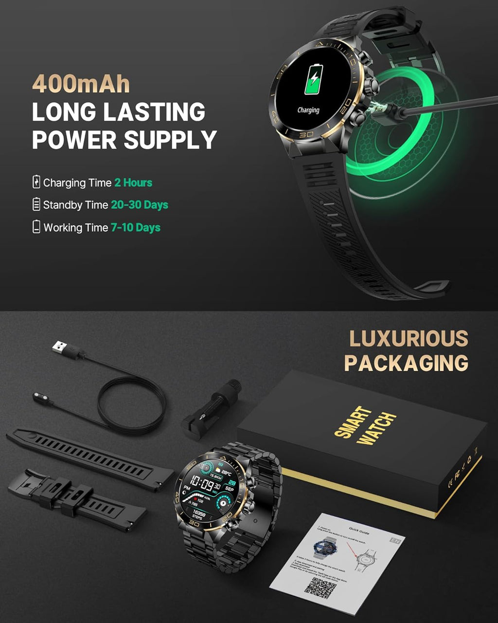Smart Watch for Men Answer/Make Call for Android iPhone, 1.43" AMOLED HD Screen Mens Luxury Watch, 400mAh Heavy Duty Smartwatch Heart Rate Blood Oxygen Blood Pressure Sleep Monitor Pedometer, 2 Straps