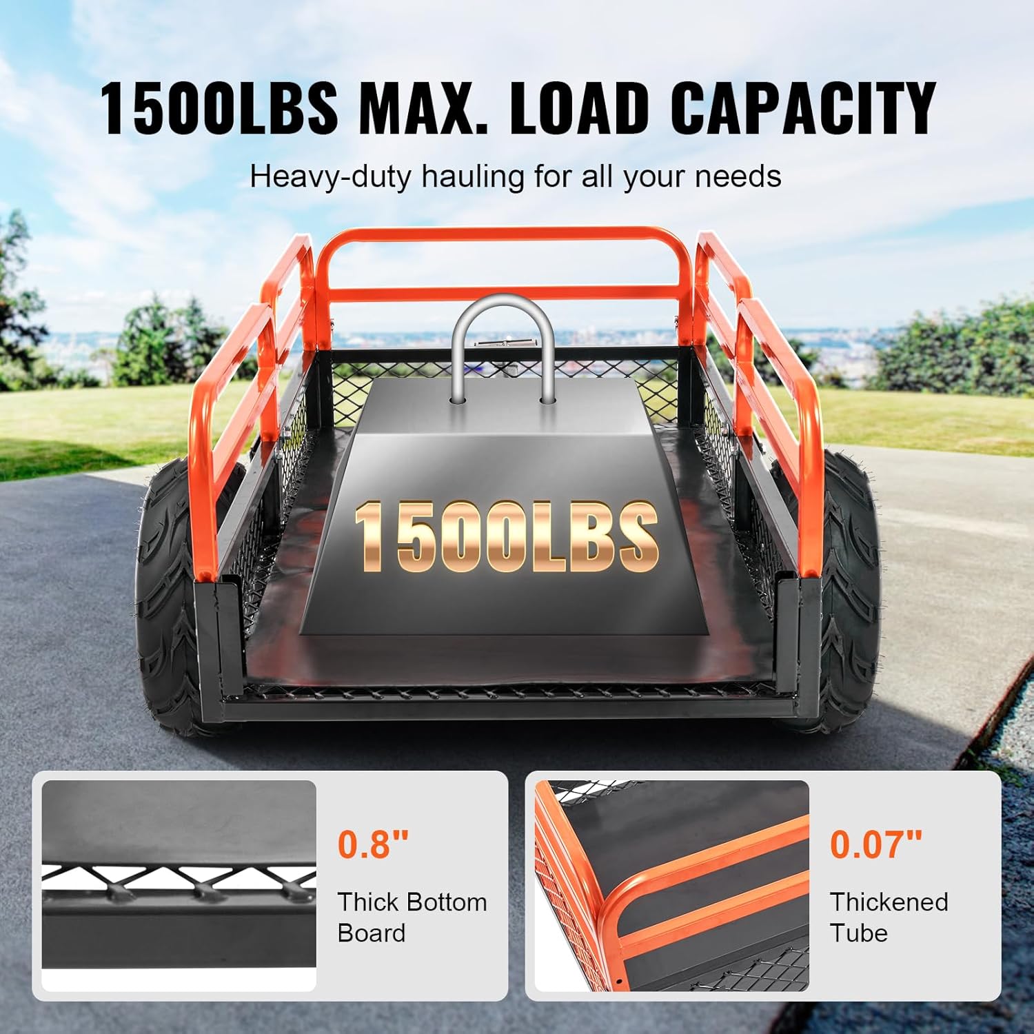 VEVOR ATV UTV Trailer Tow Behind Dump Cart, 1500lbs 15 Cubic Feet, Heavy Duty Yard Garden Trailer Pull Behind Dump Trailer for Lawn Mower Tractor