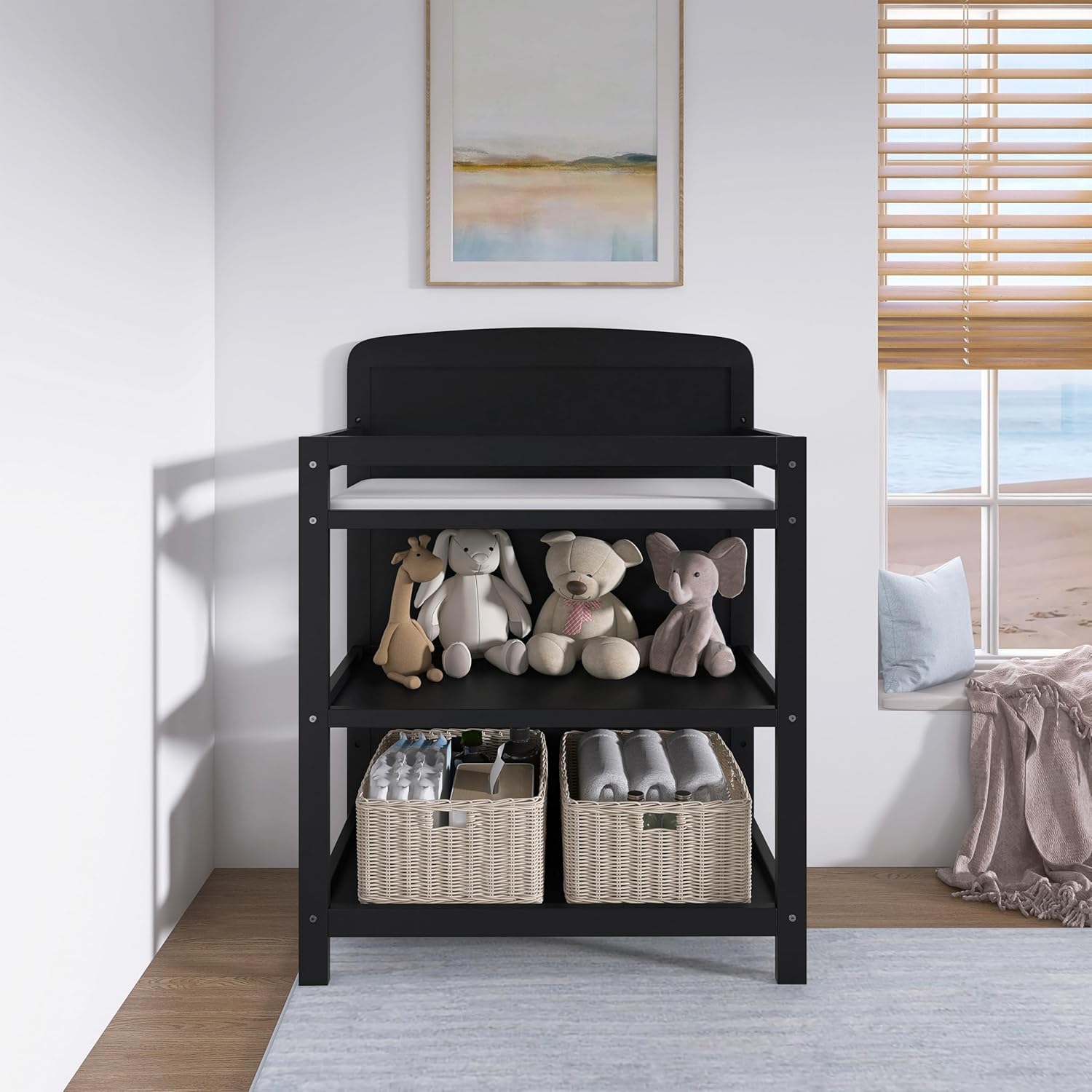 Dream On Me Anna 3-in-1 Convertible Full-Size Baby Crib & Changer with Storage in Black, GreenGuard Gold & BSA, Pinewood, Converts to Day & Toddler Bed, 3 Mattress Heights, 1″ Changing Pad