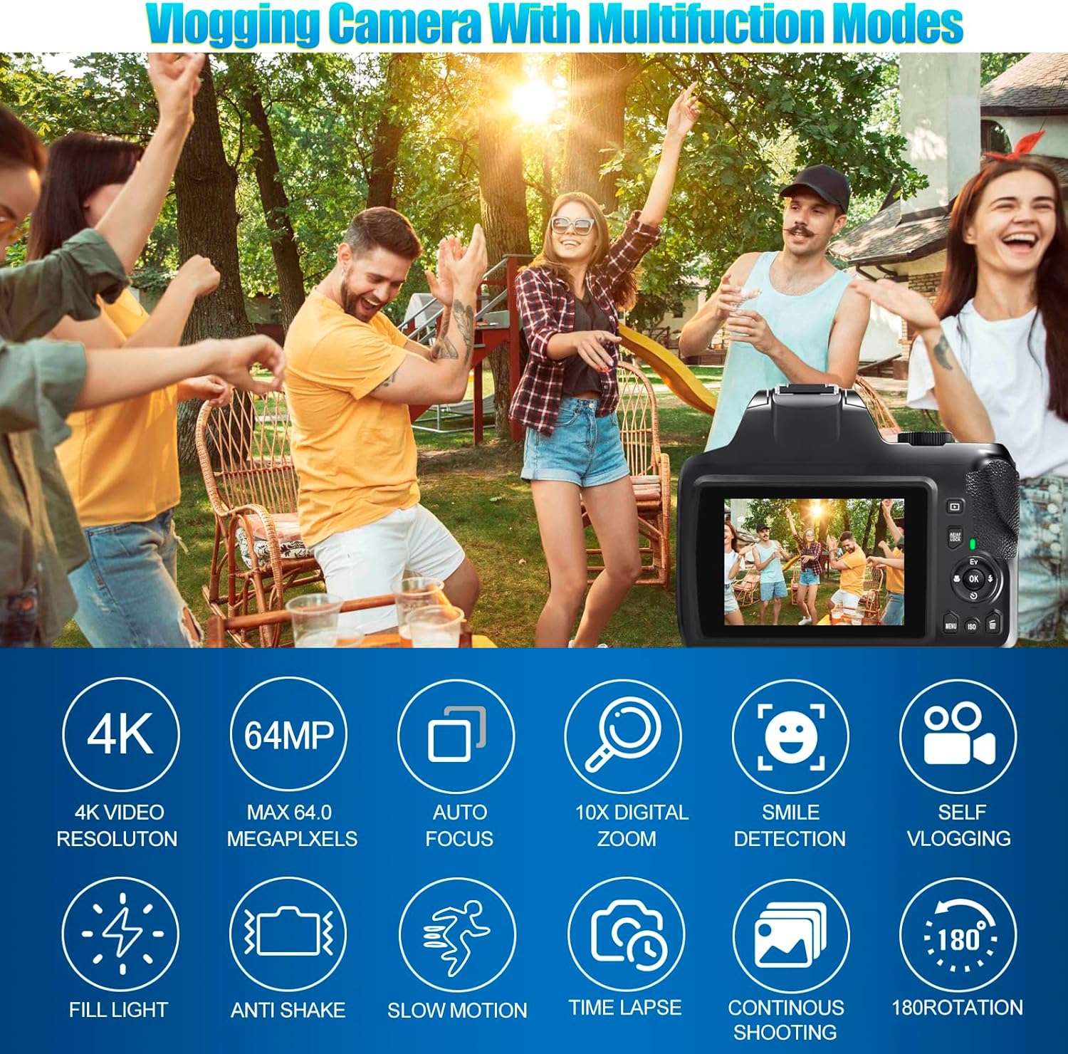 4K Digital Camera for Photography with WiFi, 10X Optical Zoom Vlogging Camera for YouTube 64MP Autofocus Compact Camera with 64GB SD Card 2 Batteries, USB Card Reader & Charging Stand Videorecorders