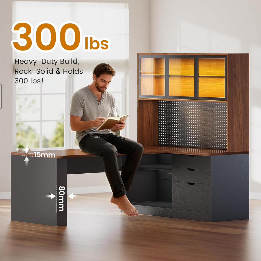 SEDETA L Shaped Office Desk, Computer Desk with 3 Wood Drawer and Large Bookshelf, L Shaped Corner Gaming Desk with LED Light, Display Cabinet and Pegboard, 27.5" W Large Desktop Table, Brown