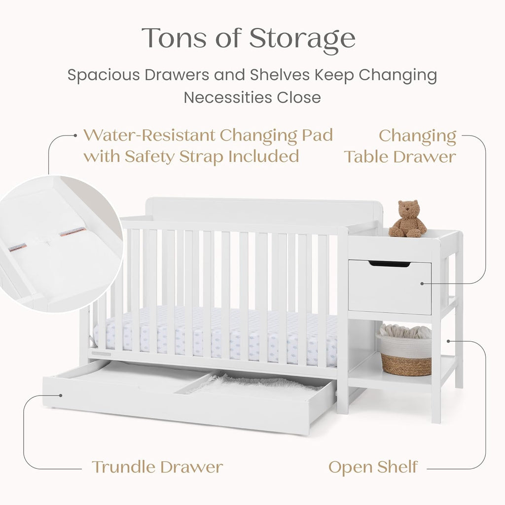 Delta Children Maya 5-in-1 Convertible Crib and Changer with Storage, Converts to Toddler Bed, Daybed, Sofa & Full Bed, Fits Standard Crib Mattress, 3 Mattress Heights for Baby Nursery, Bianca White