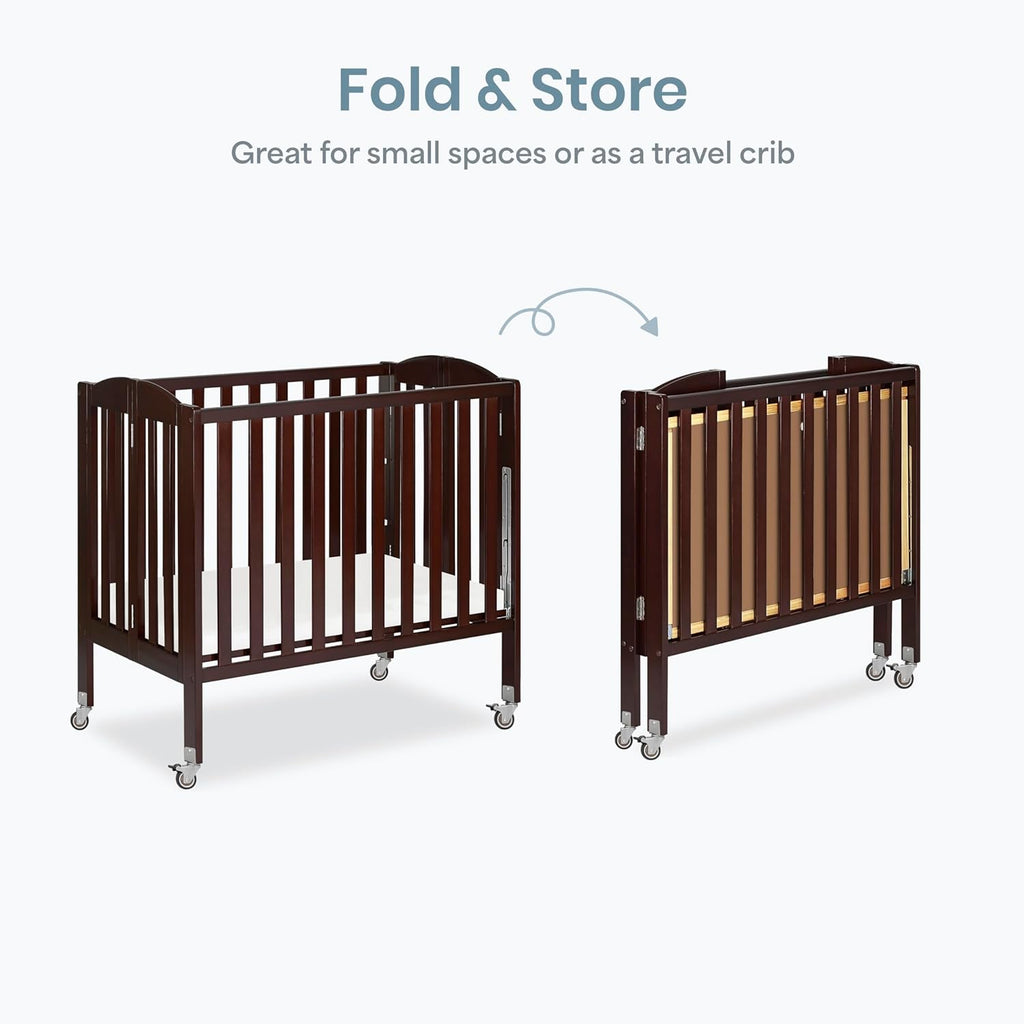 Dream On Me 3-in-1 Portable Folding Stationary Side Mini Baby Crib in Espresso & Mattress, GreenGuard Gold & JPMA, Use as Changer & Playpen, Locking Wheels, 3 Mattress Heights, Extra Firm Mattress