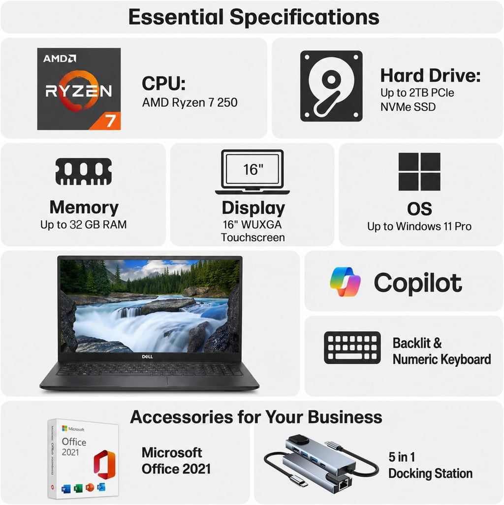 Dell 16 Touchscreen Laptop, AMD Ryzen 7 250, 16'' Wuxga Display, 16GB DDR5 RAM 512GB SSD, Lifetime MS Office 2021, Backlit, Keyboard, Laptop for Business & Creator, Windows 11 Pro with Accessory
