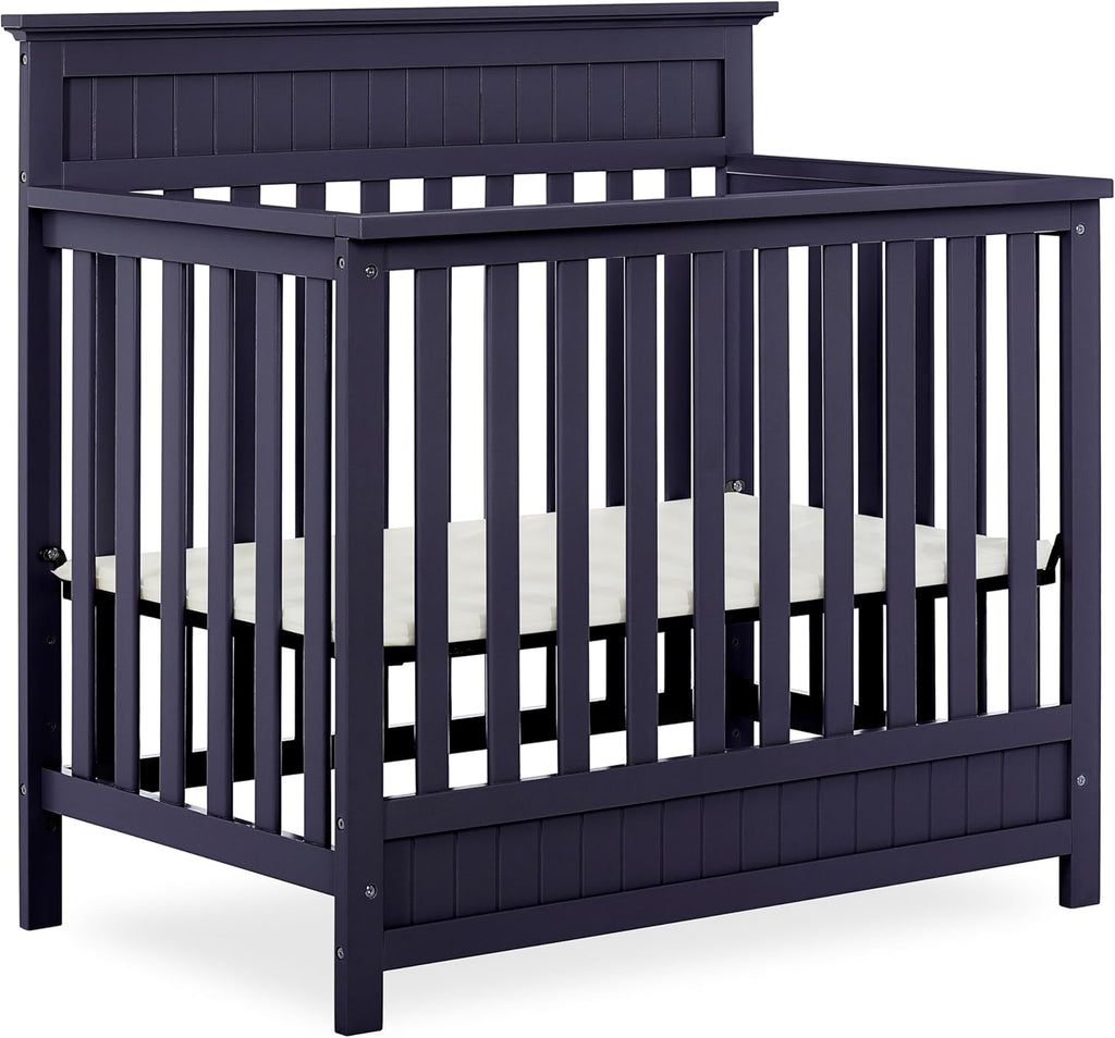 Dream On Me Harbor 4‑in‑1 Convertible Mini Baby Crib in Navy, GreenGuard Gold & BSA, Non-Toxic, Pinewood, Converts to Mini Daybed & Twin Bed, 1″ Mattress Pad, Perfect for Small Nurseries