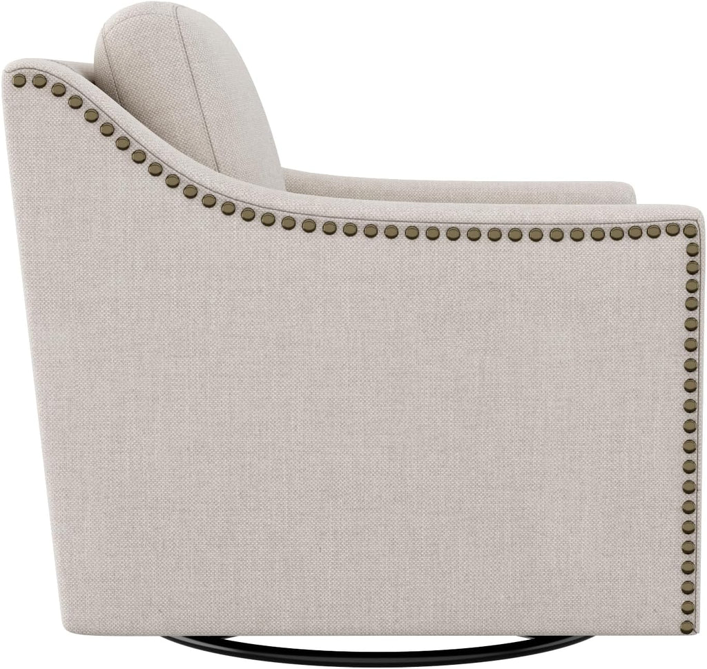 Swivel Accent Chair Set of 2, Modern Comfy Linen Upholstered Barrel Armchair with Nailhead Decor and Metal Base, Soft Oversized Round Chair for Living Room, Bedroom, Club (2, Beige)