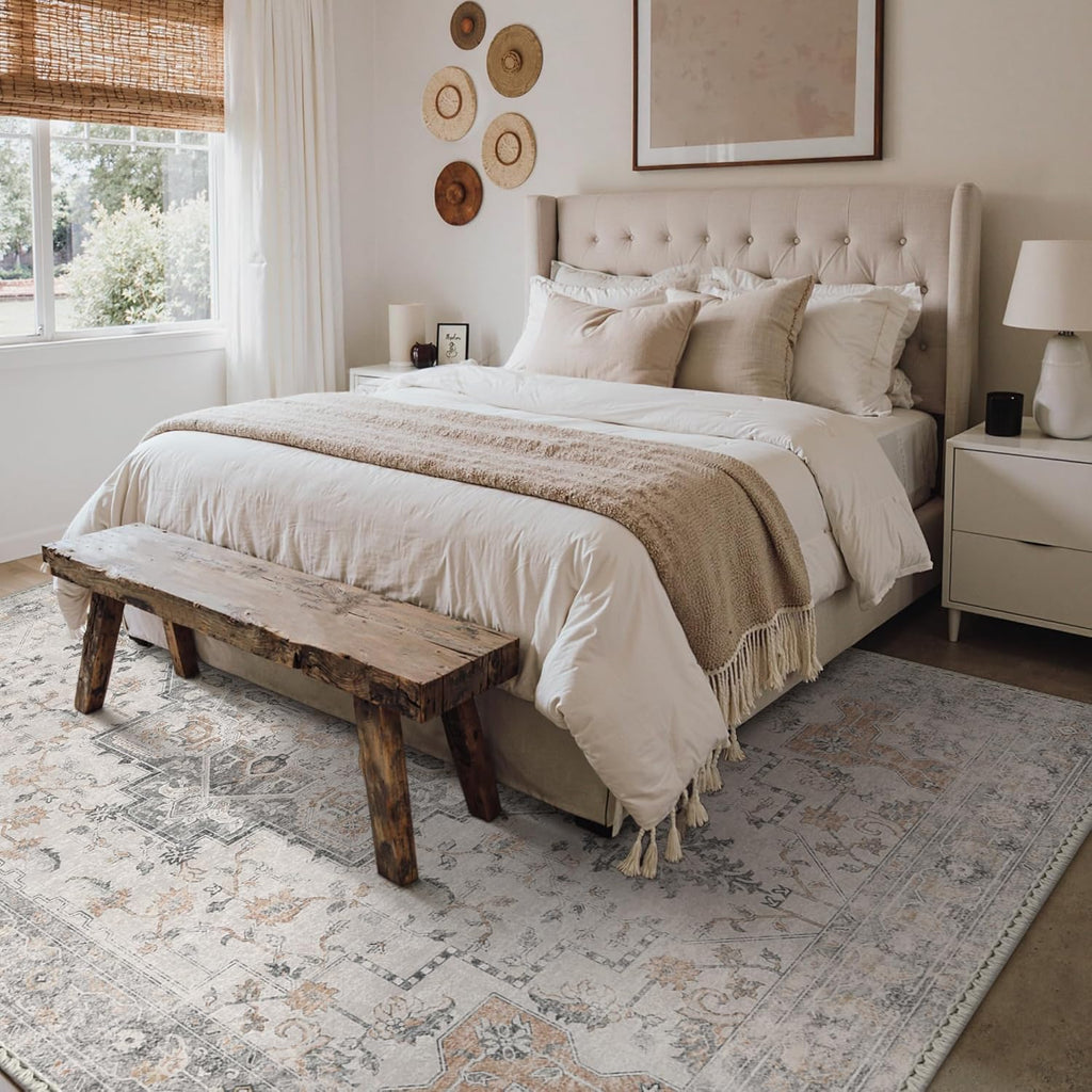 GENIMO 8x10 Area Rugs for Living Room, Machine Washable Non Slip Vintage Rugs, Low Pile Lightweight Chenille Print Rug for Bedroom, Dining Room, Home Office, Light Taupe Brown