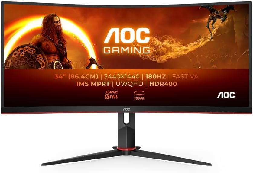 AOC CU34G2XP/BK Gaming Monitor - 34" WLED Curved Monitor - 180Hz Refresh Rate, 5ms Response Time (Renewed)