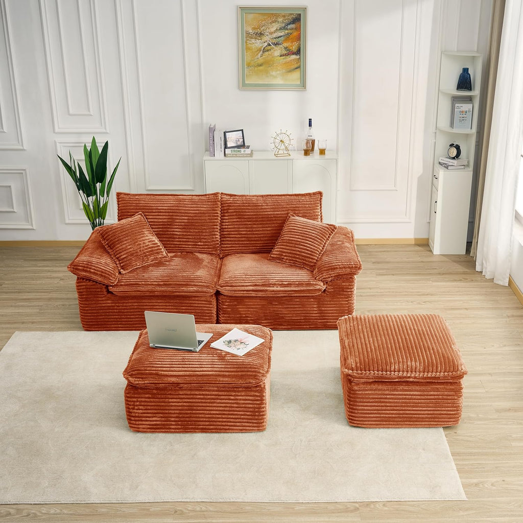 Oversized Double Sofa Chair with Movable 2-Layer Ottomans, Corduroy Chaise Lounge Chair with Armrests, Pillows, Oversized Accent Chairs Couch for Living Room, Bedroom, No Assembly (Orange)