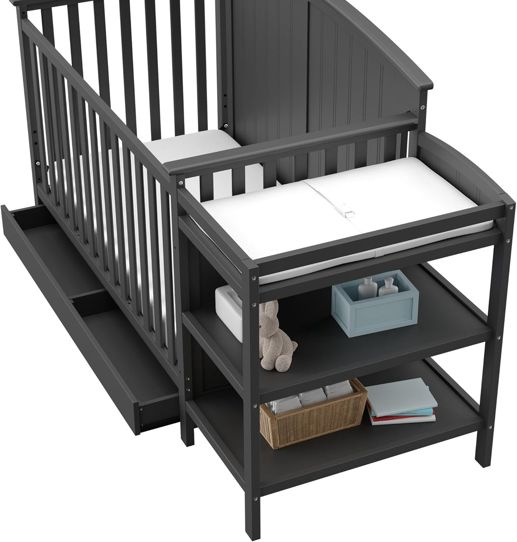 Storkcraft Steveston 5-in-1 Convertible Crib & Changer – GREENGUARD Gold Certified, Fits Standard Crib Mattress, Converts to Toddler Bed and Full Bed, 4 Adjustable Mattress Heights (Gray)