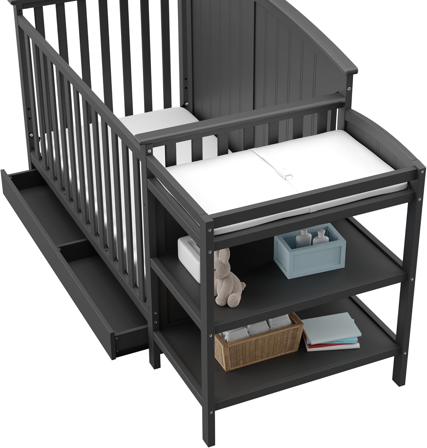 Storkcraft Steveston 5-in-1 Convertible Crib & Changer – GREENGUARD Gold Certified, Fits Standard Crib Mattress, Converts to Toddler Bed and Full Bed, 4 Adjustable Mattress Heights (Gray)
