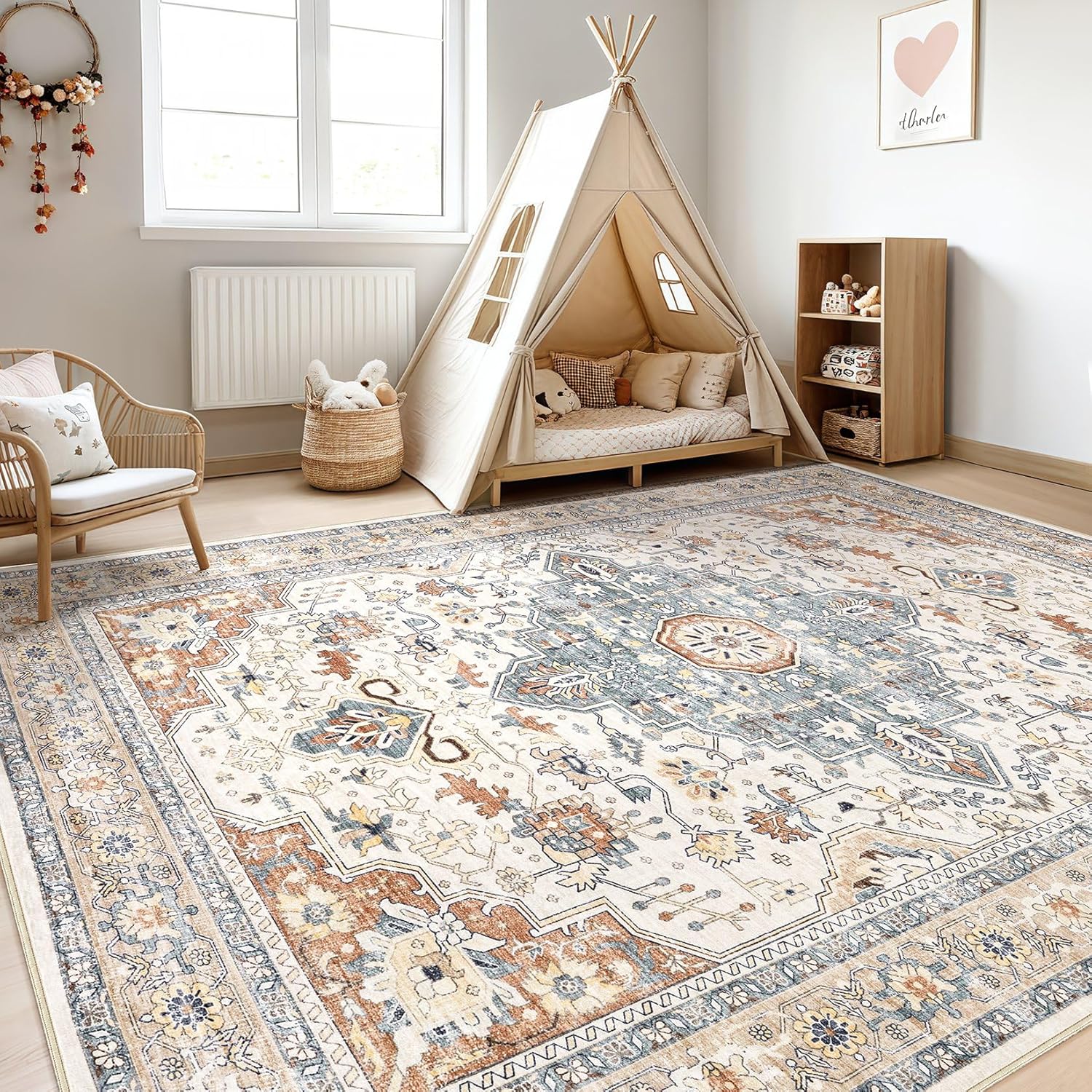 10x14 Area Rugs Living Room: Washable Boho Large Neutral Vintage Soft Rug Stain Resistant Distressed Farmhouse Non-Slip Indoor Floor Carpet for Bedroom Nursery Kids Office Dining Room- Beige Blue