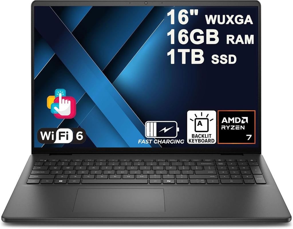 Dell 16 Laptop 16" WUXGA Touchscreen AMD 8-core Ryzen 7 250 (>i7-1355U) 16GB DDR5 1TB SSD Backlit ExpressCharge Wi-Fi6 for Creator Designer Business Professional Work Win11