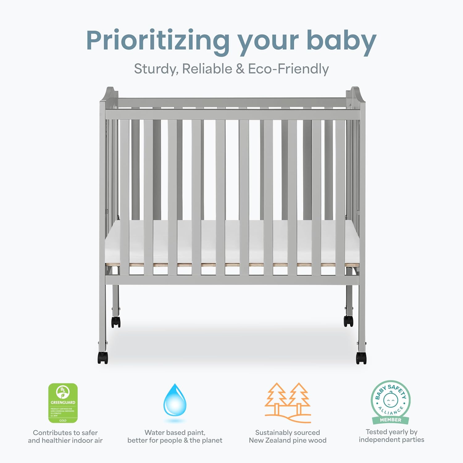 Dream On Me 2-in-1 Lightweight Folding Portable Stationary Side Crib in Pebble Grey, Greenguard Gold Certified, Baby Crib to Playpen, Folds Flat for Storage, Locking Wheels