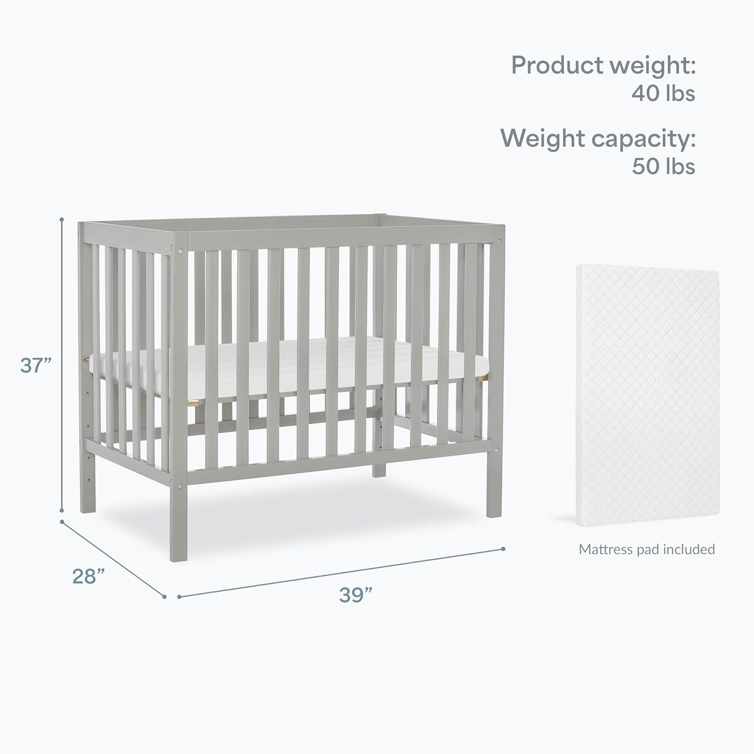 Dream On Me Edgewood 4-in-1 Convertible Mini Baby Crib in Cool Grey GreenGuard Gold & BSA, Non-Toxic, Compact 40×25×33″ Design, Converts to Mini Daybed & Twin Bed (Rails to Buy) 1″ Mattress Pad