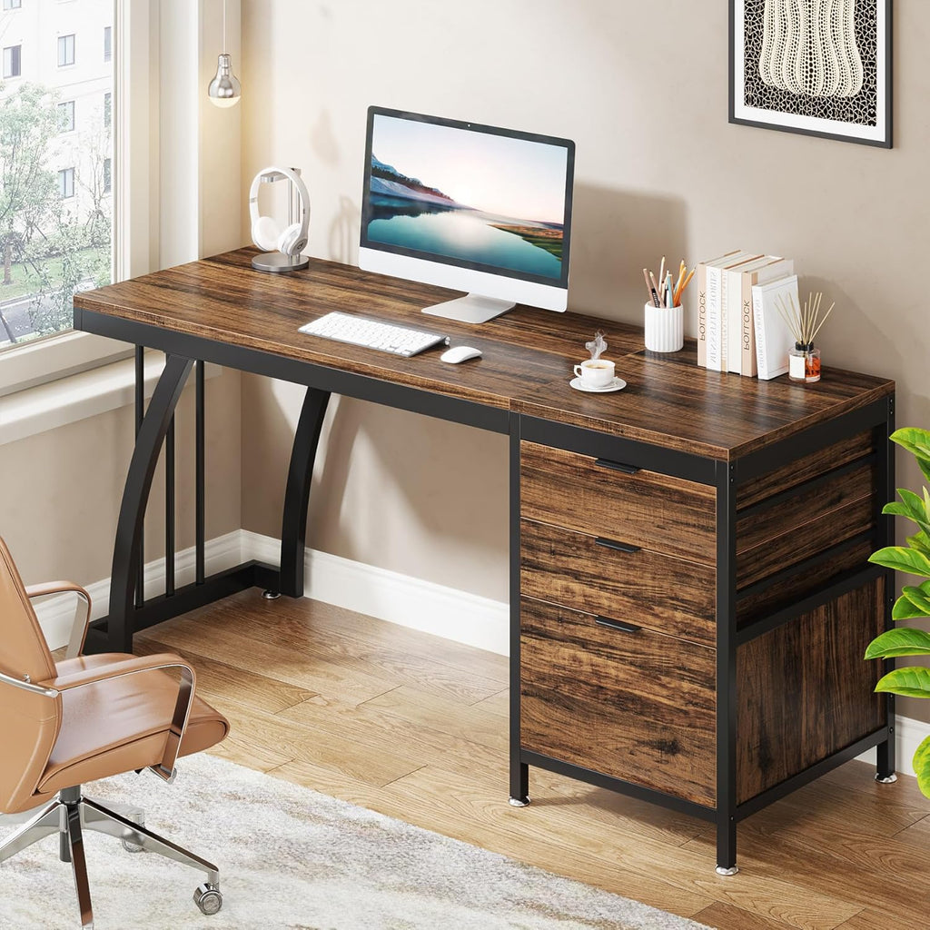 Tribesigns Computer Desk with 3 Drawers, 59-Inch PC Desk with Reversible Drawers, Industrial Study Writing Table Workstation with File Storage for Home Office, Rustic Brown